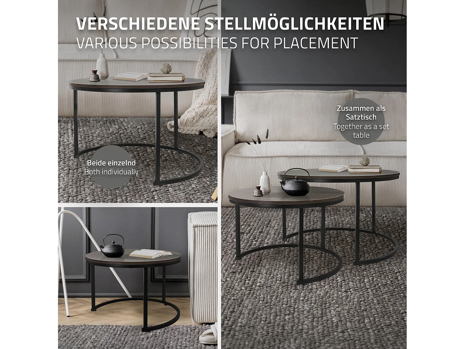 Set di 2 Tavolini da caffè salotto impilabili in MDF nero Ø74 x 48 / Ø59 x 40 cm