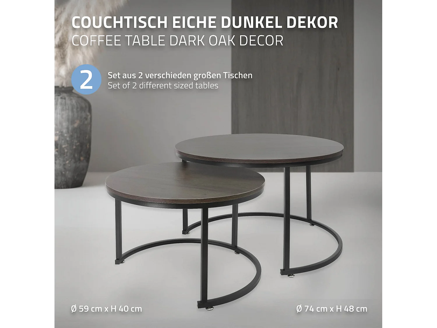 Set 2 tables d'appoint de salon tables gigognes en MDF noir Ø 74x48/Ø 59x40 cm