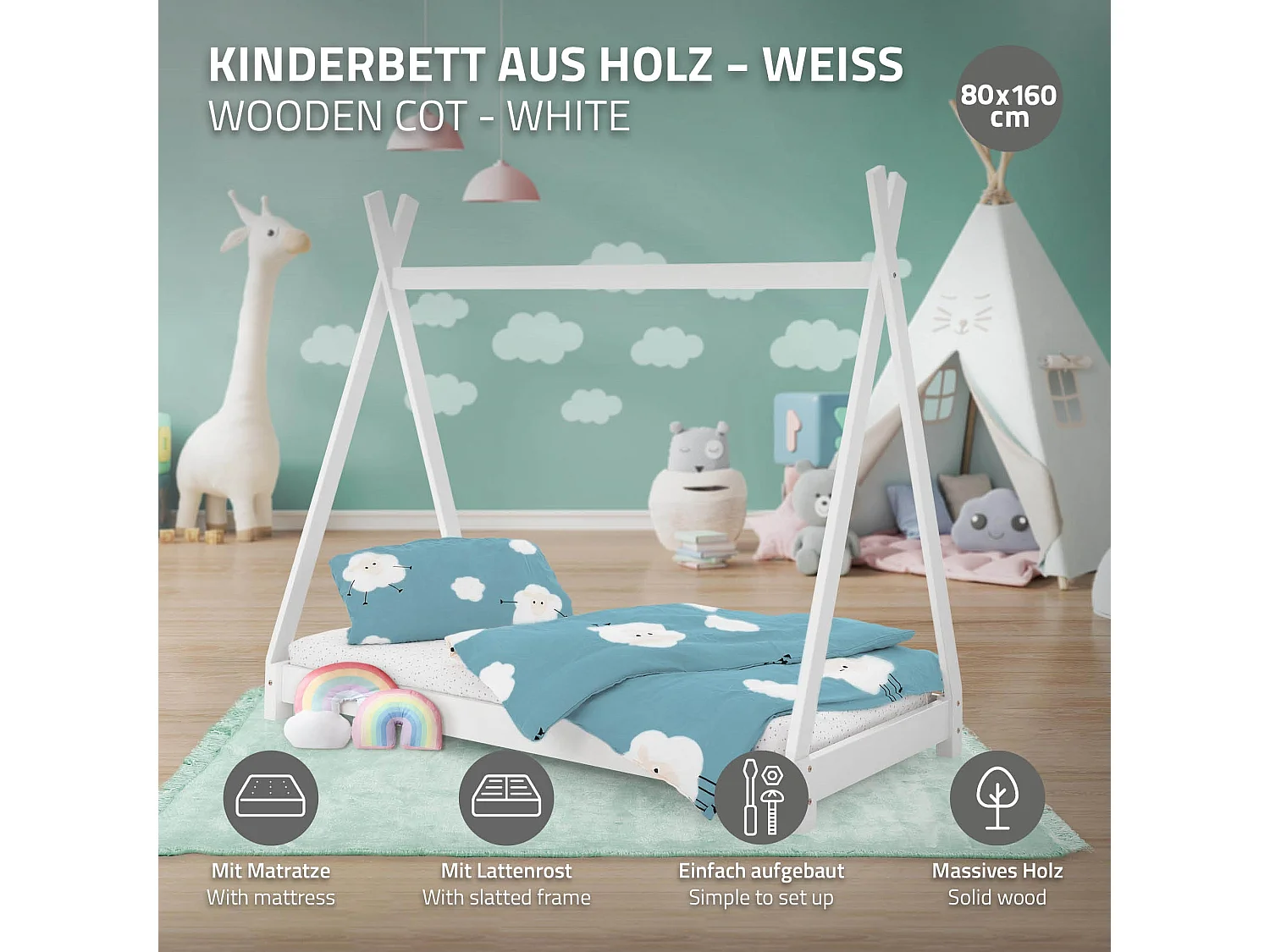 ML-Design Letto per bambini a forma di tenda 80x160 cm bianco in pino massiccio con rete a doghe, stile montessori e materasso in schiuma fredda