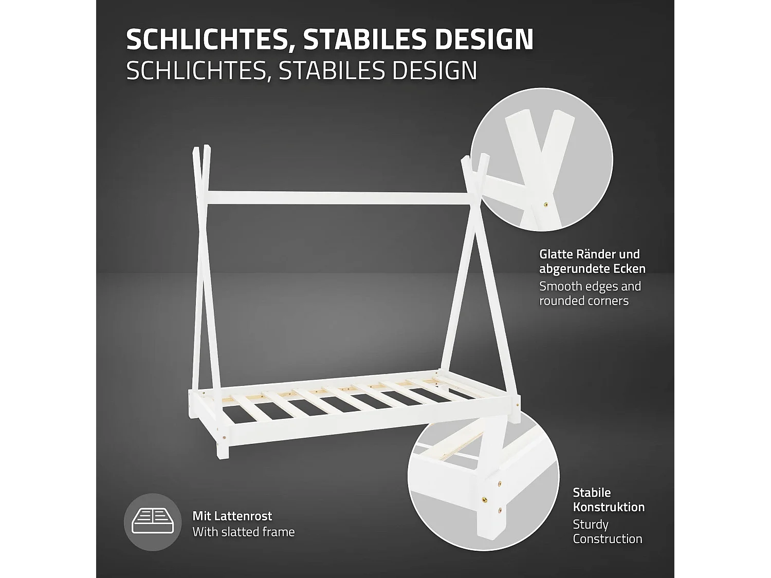 ML-Design Letto per bambini a forma di tenda 80x160 cm bianco in pino massiccio con rete a doghe, stile montessori e materasso in schiuma fredda