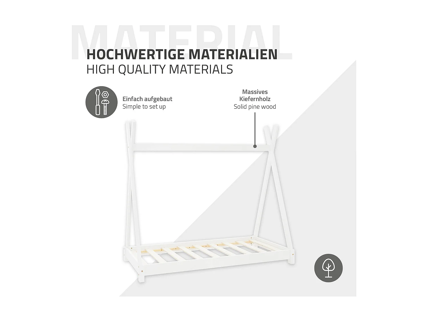 ML-Design Letto per bambini a forma di tenda 80x160 cm bianco in pino massiccio con rete a doghe, stile montessori e materasso in schiuma fredda