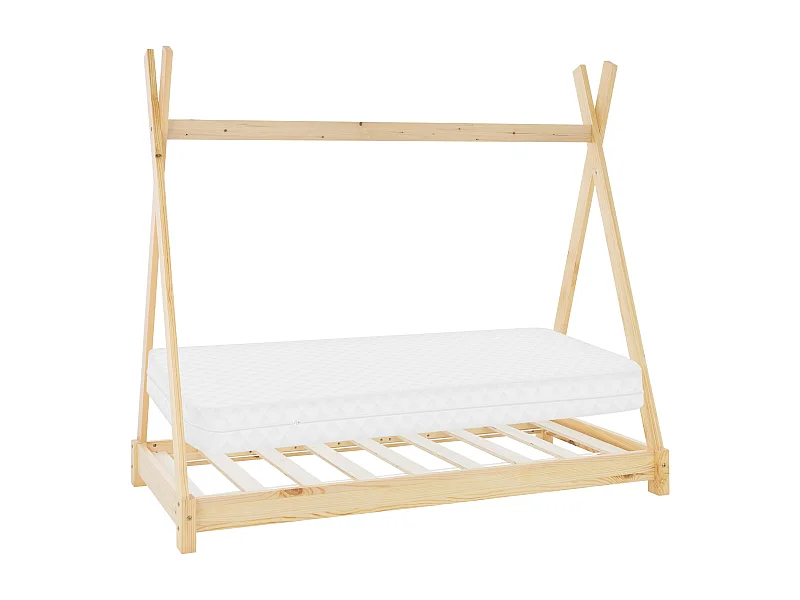 ML-Design Cama infantil tipi 80x160 cm color natural con colchón de espuma fría y somier estructura de listones con techo forma de tienda