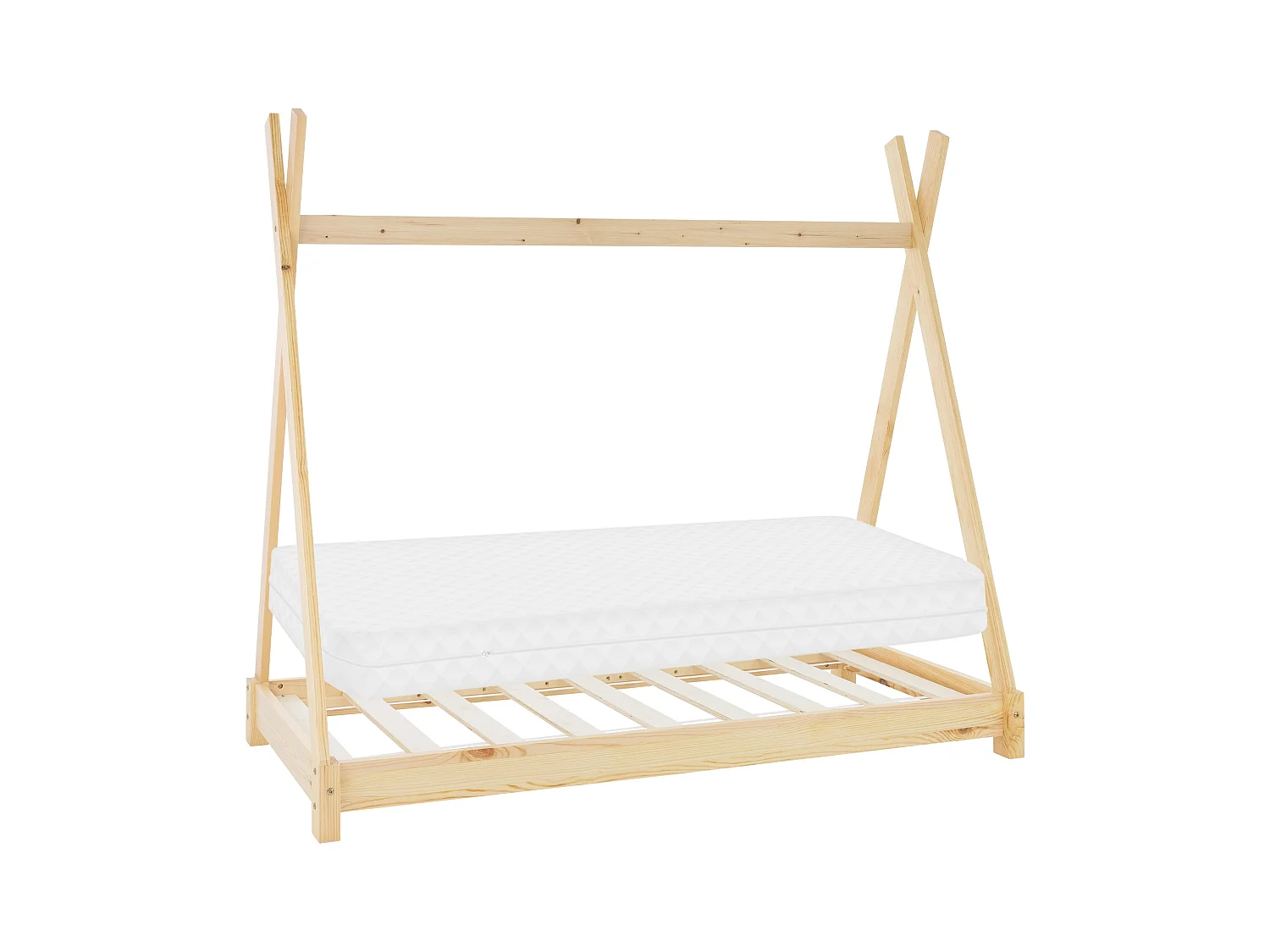 ML-Design Cama infantil tipi 80x160 cm color natural con colchón de espuma fría y somier estructura de listones con techo forma de tienda