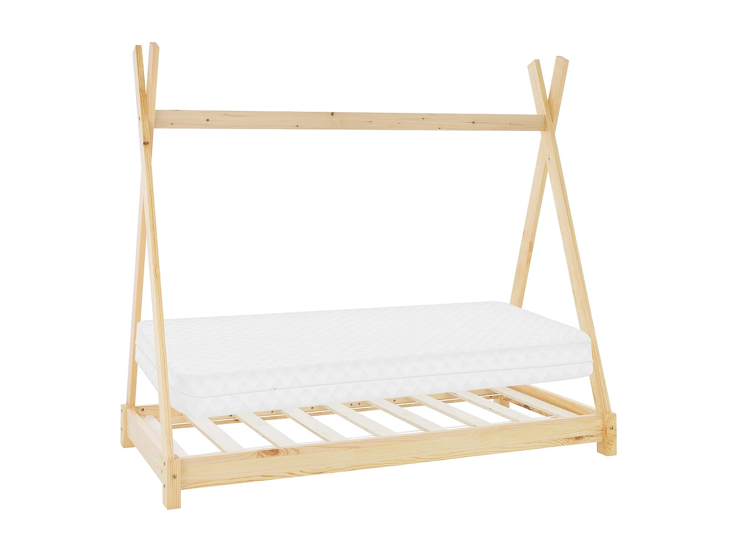 Lit d'enfants Tipi 80x160 cm naturel style indien cadre en bois de pin massif matelas hypoallergénique housse amovible respirant et sommier à lattes