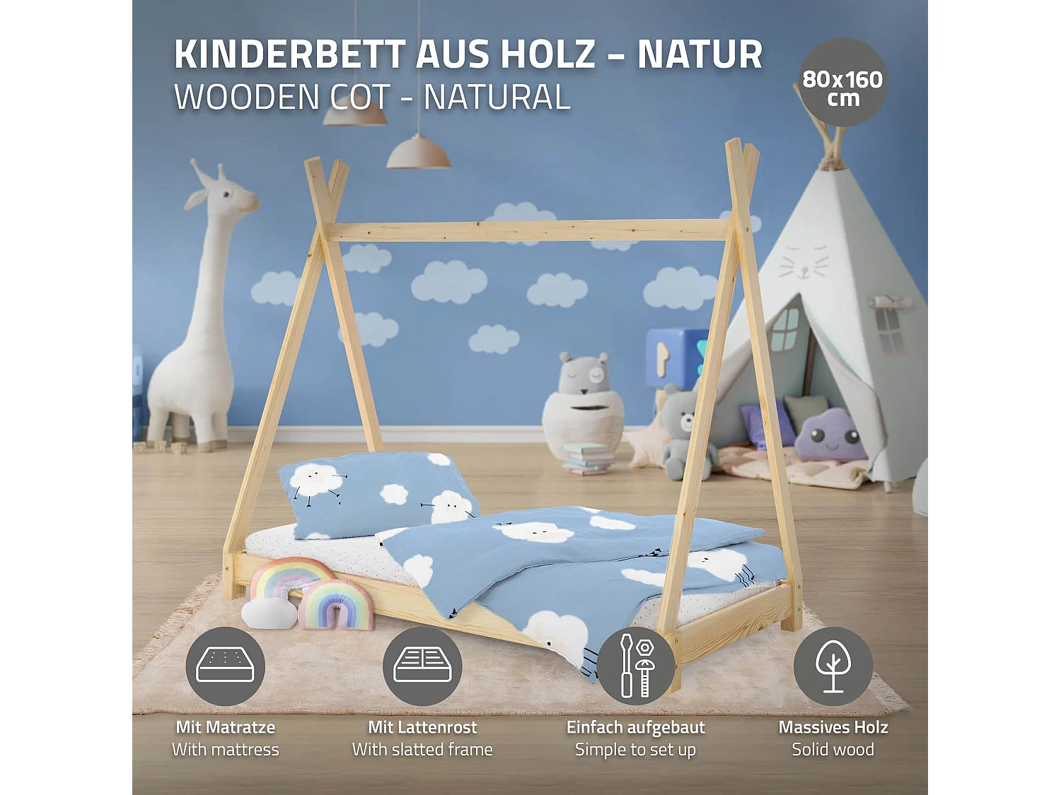 Lit d'enfants Tipi 80x160 cm naturel style indien cadre en bois de pin massif matelas hypoallergénique housse amovible respirant et sommier à lattes