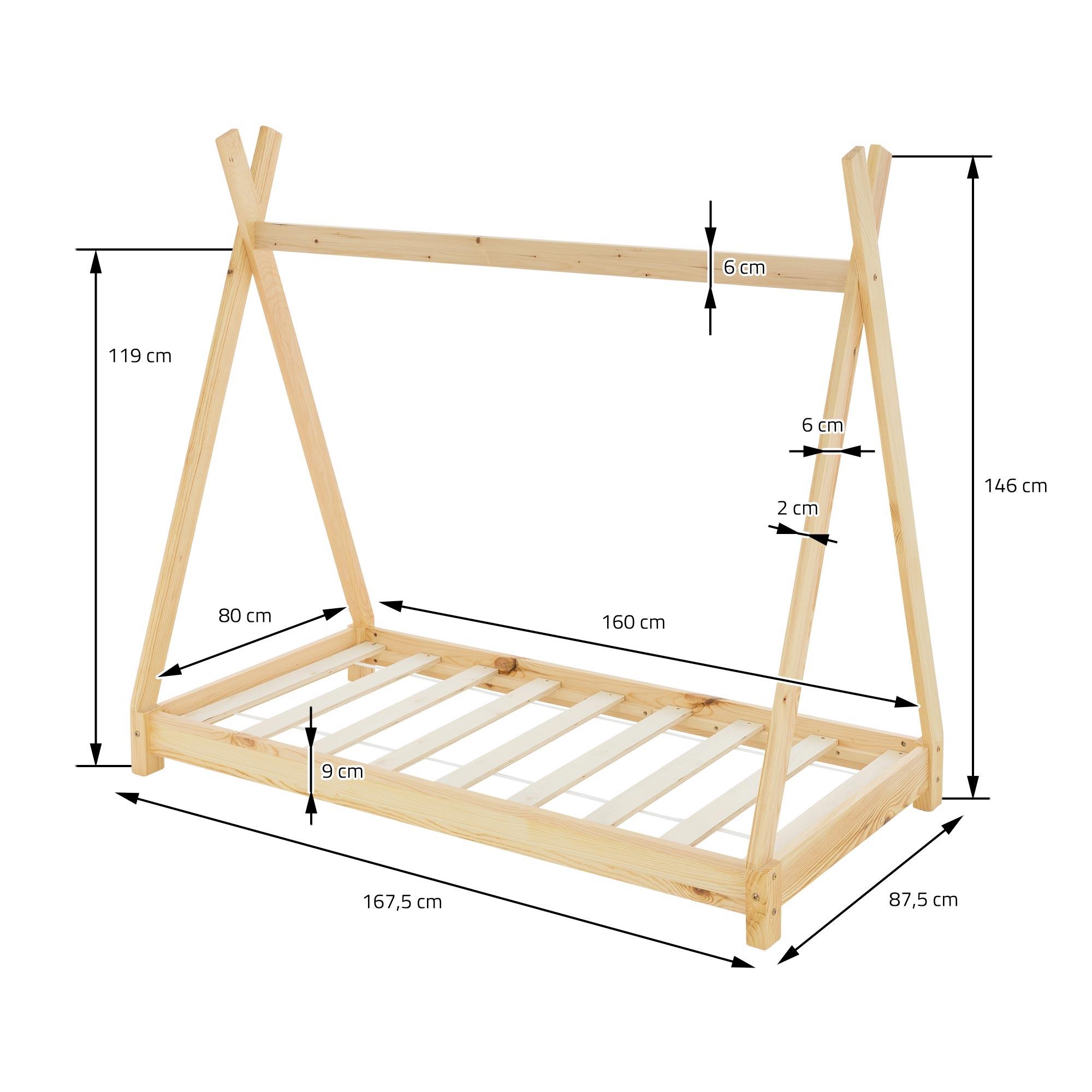 Lettino per bambini tenda indiana legno bianco con sponde 200x90 cm