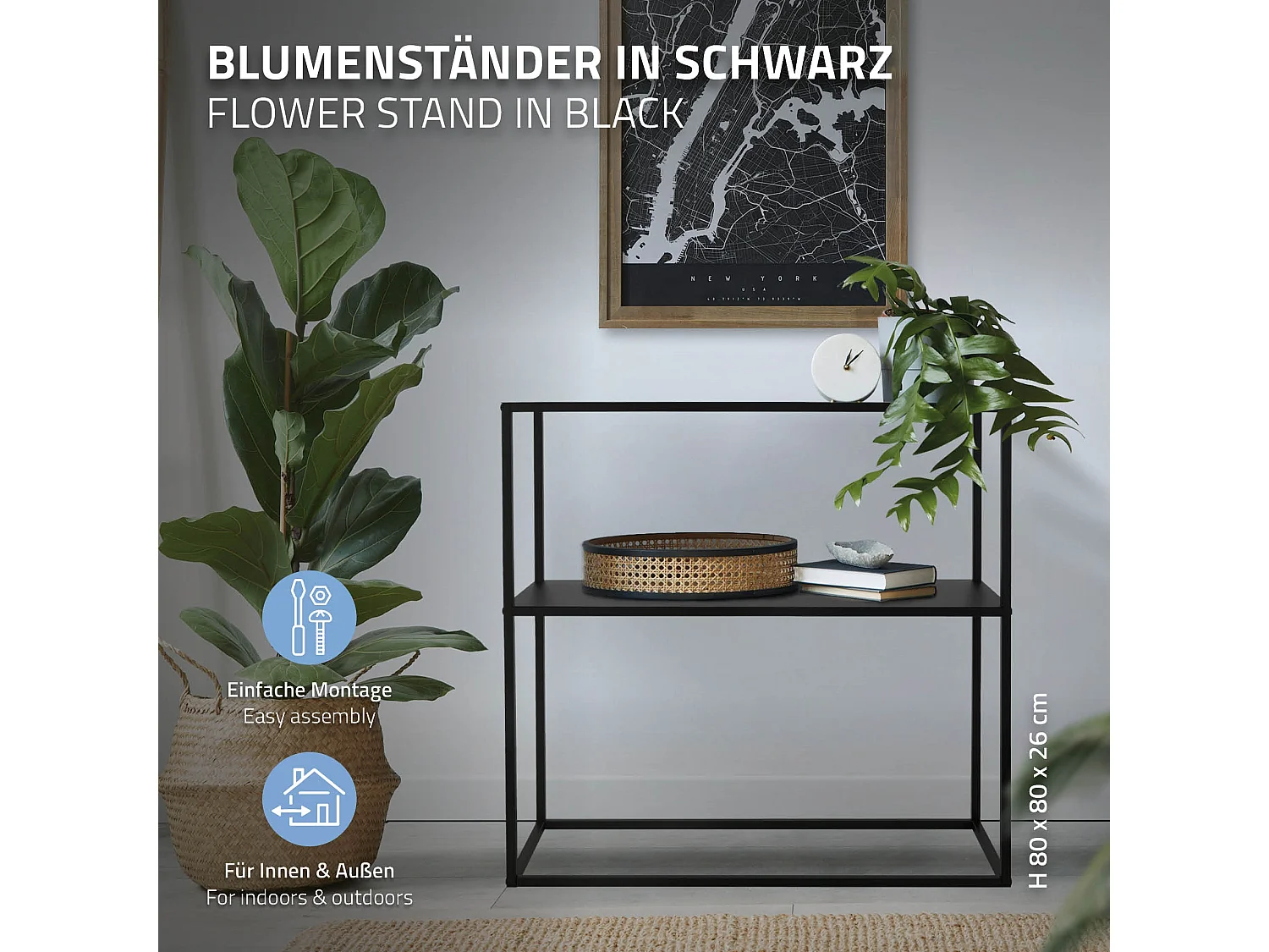 Scaffale per piante fiori vasi con 2 ripiani in metallo nero 80x26x80cm multiuso