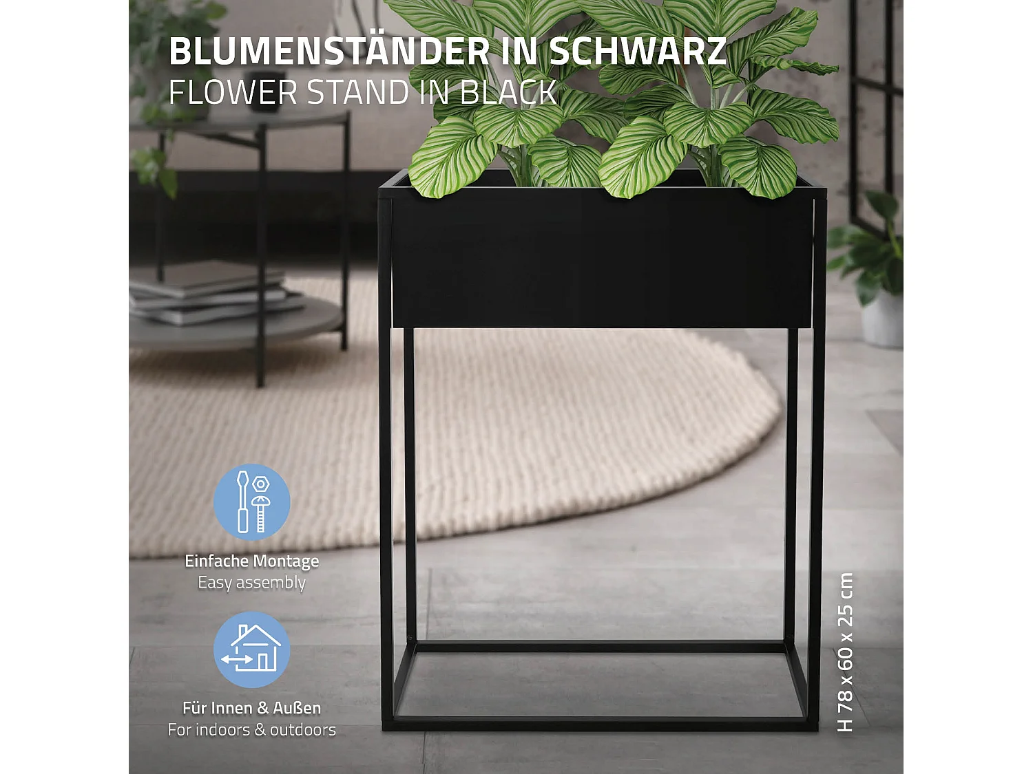 Supporto per piante fiori in metallo nero moderno da interno/esterno 60x25x78 cm