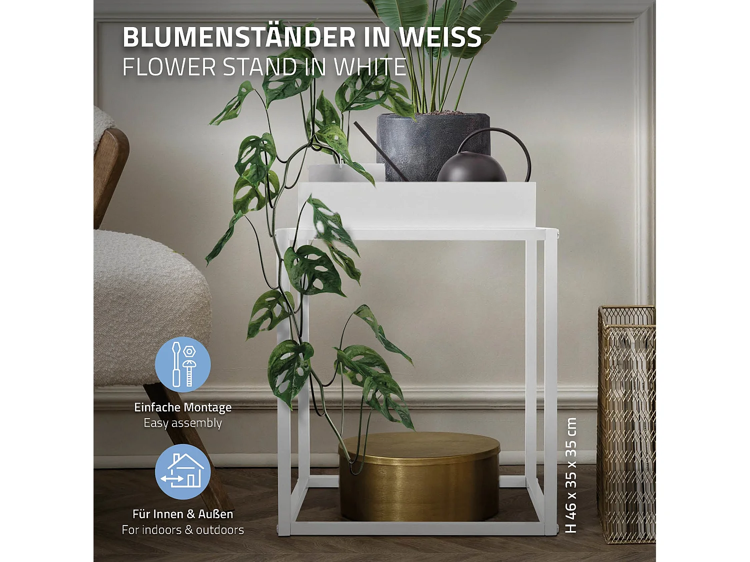 Support de plantes/fleurs métal blanc porte-fleurs stable avec bac 35x35x46 cm