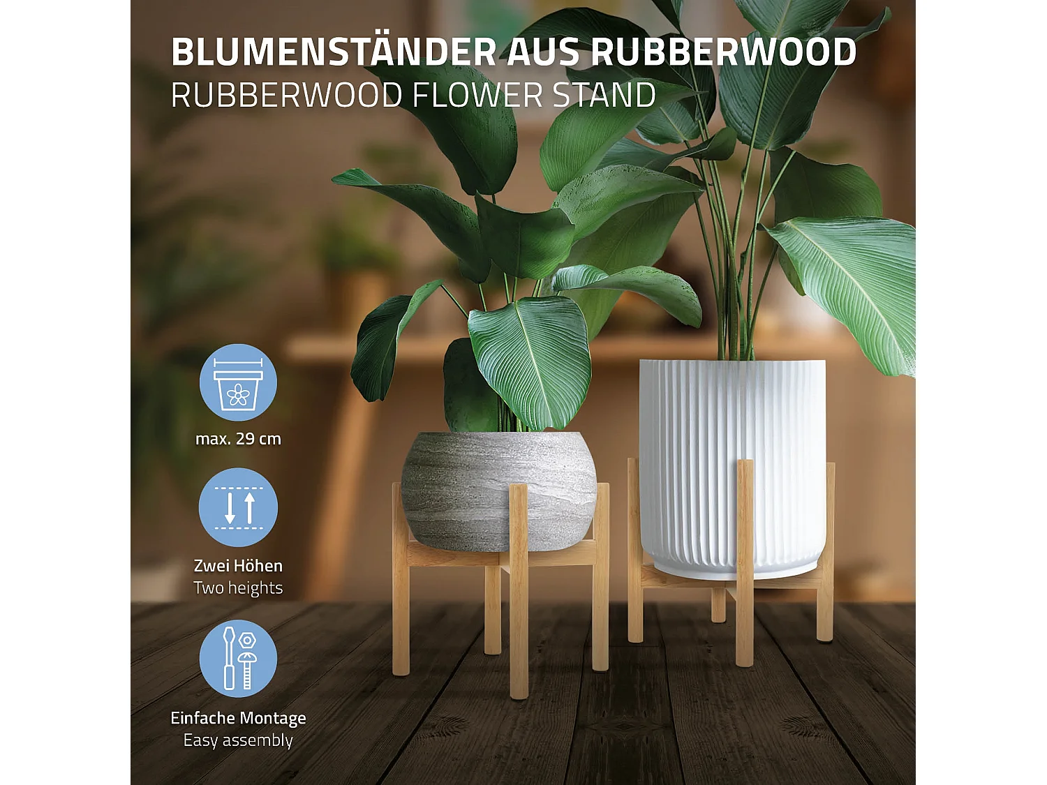 Soporte para macetas de hasta 29 cm macetero de pie marrón de madera 30 x 25 cm