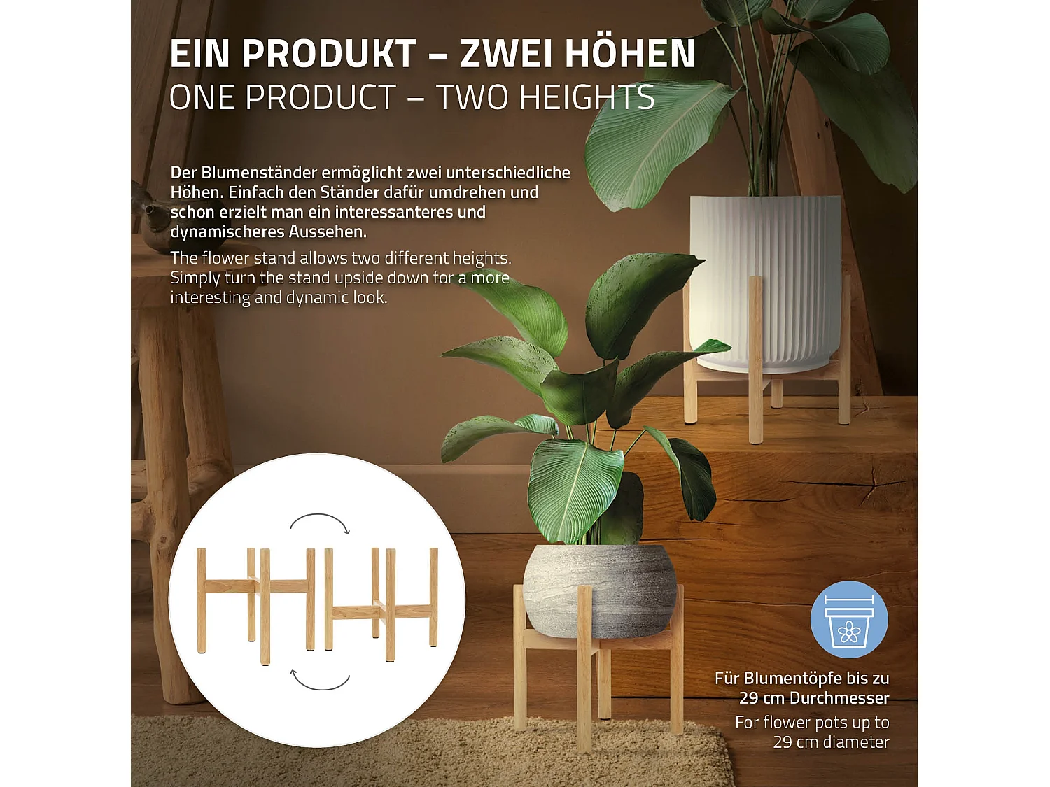 Soporte para macetas de hasta 29 cm macetero de pie marrón de madera 30 x 25 cm