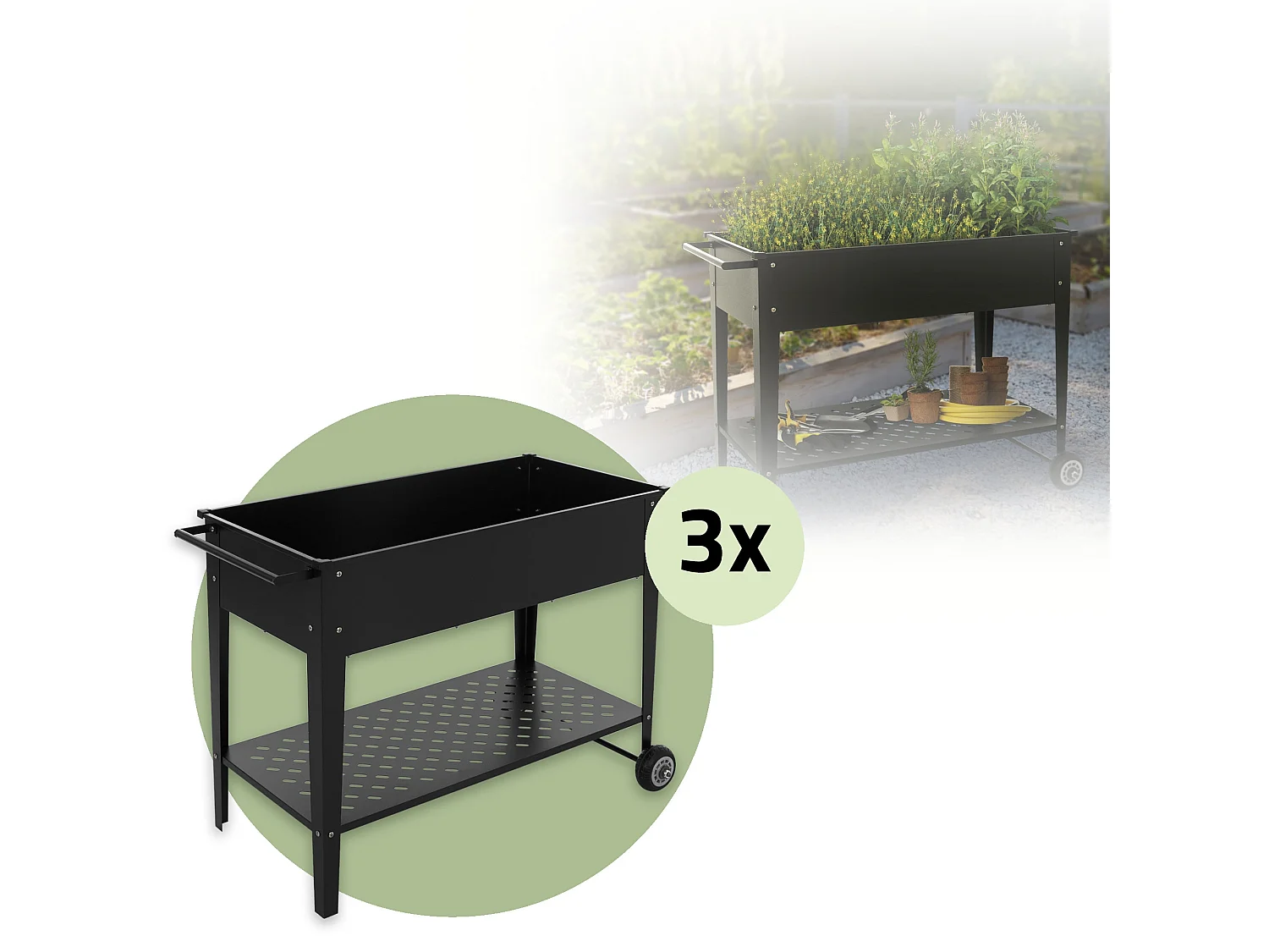 3x Jardinière surélevée mobile noir 98x50x79,5 cm bac à plantes sur roulettes