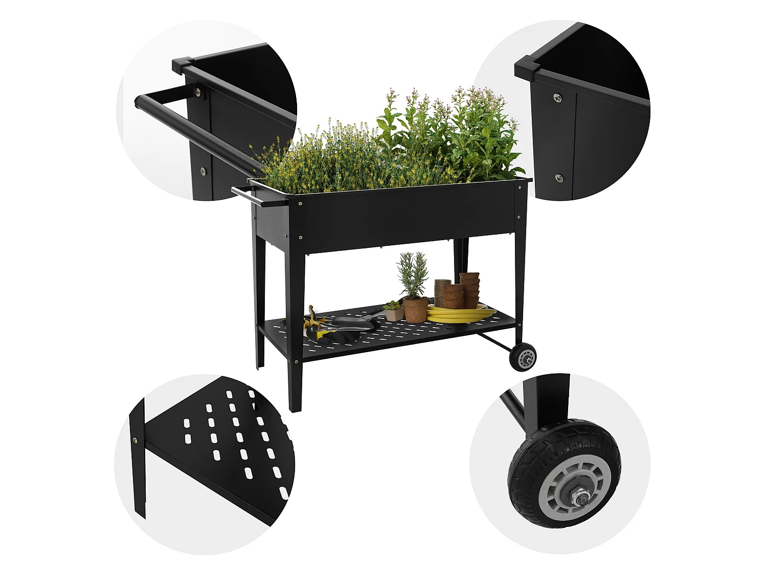 3x Jardinière surélevée mobile noir 98x50x79,5 cm bac à plantes sur roulettes