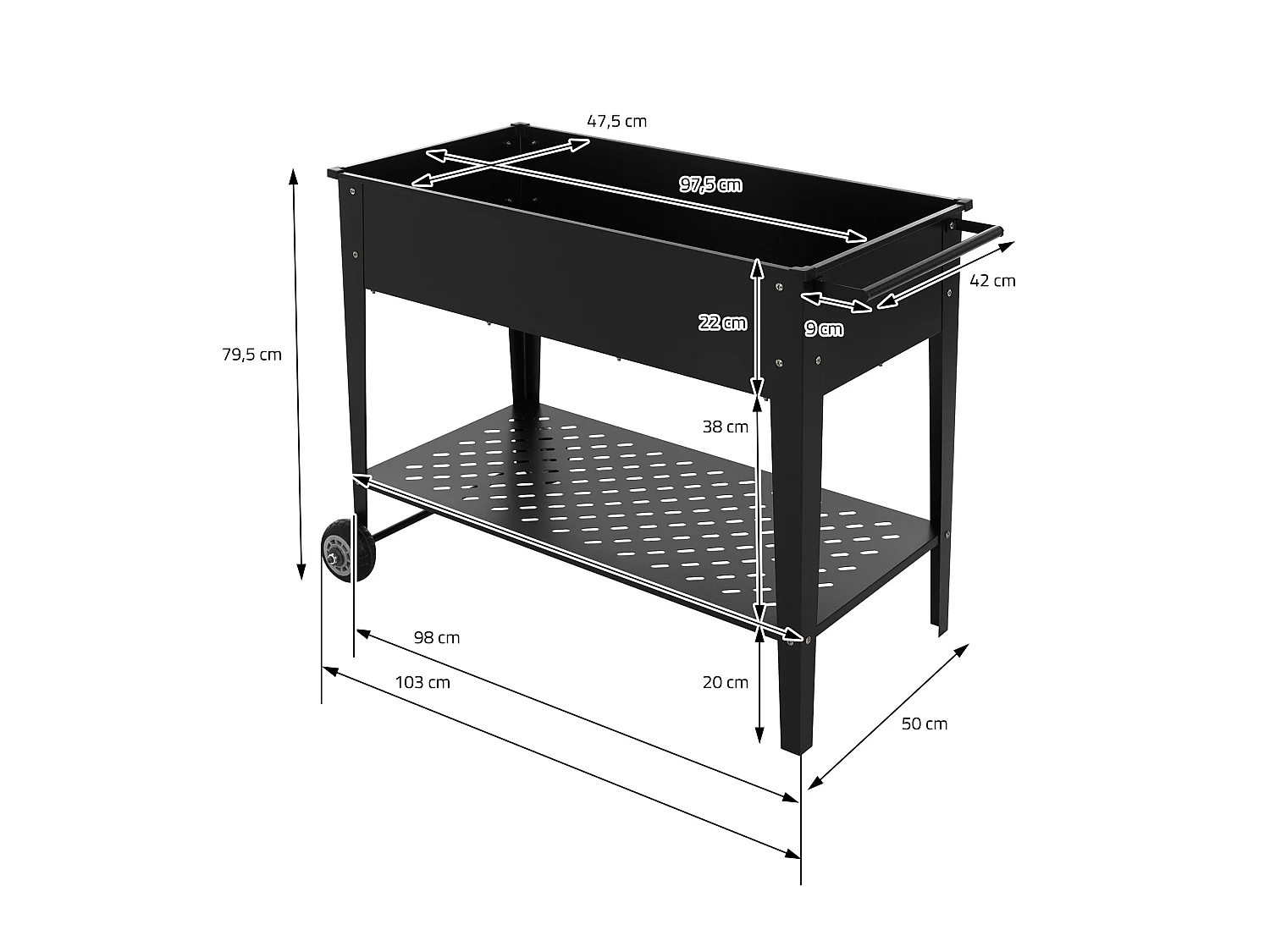 3x Jardinière surélevée mobile noir 98x50x79,5 cm bac à plantes sur roulettes