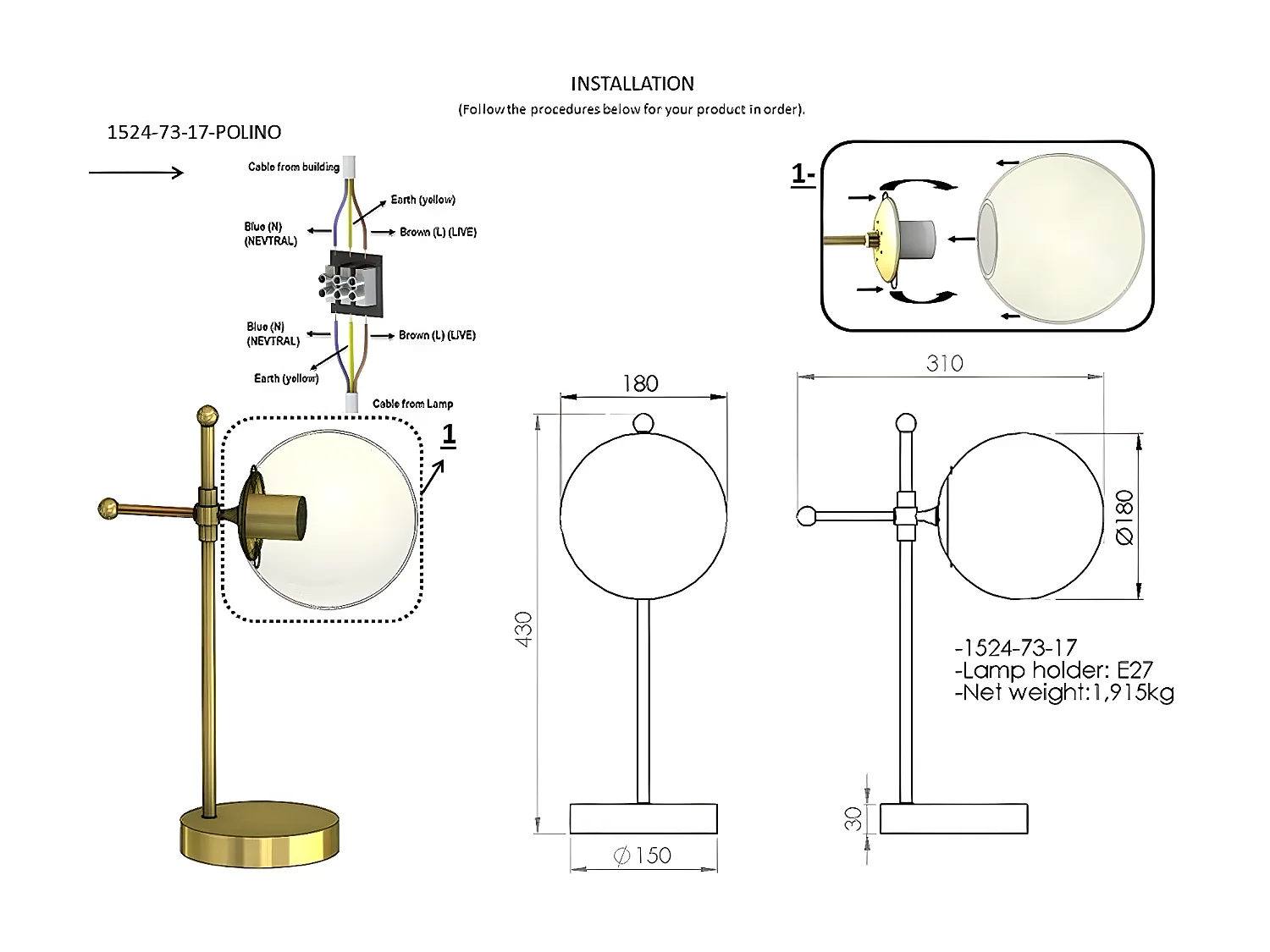 Lamp à Poser Potenza, Or, 15x31x43 cm, EPIKASA