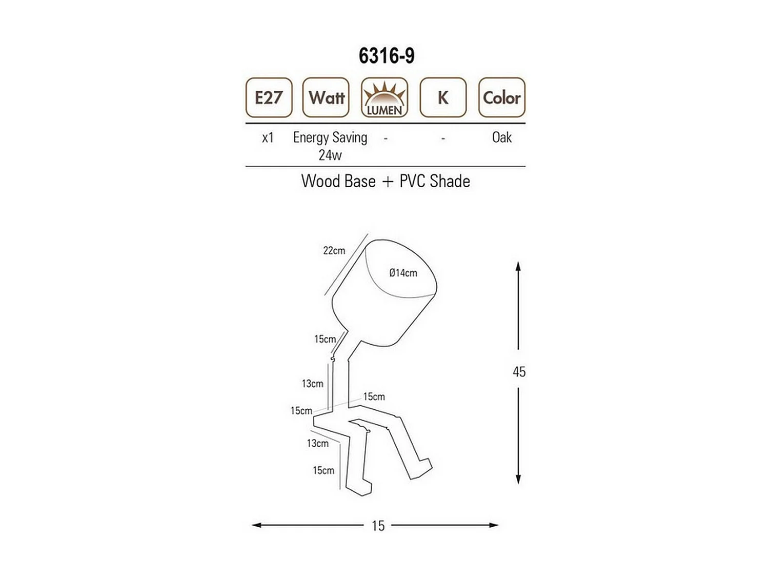 Lampe à Poser Parma, Chêne, 15x40x45 cm, EPIKASA