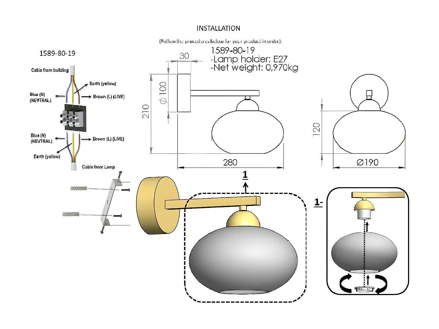 Applique Udine, Or, 19x28x21 cm, EPIKASA
