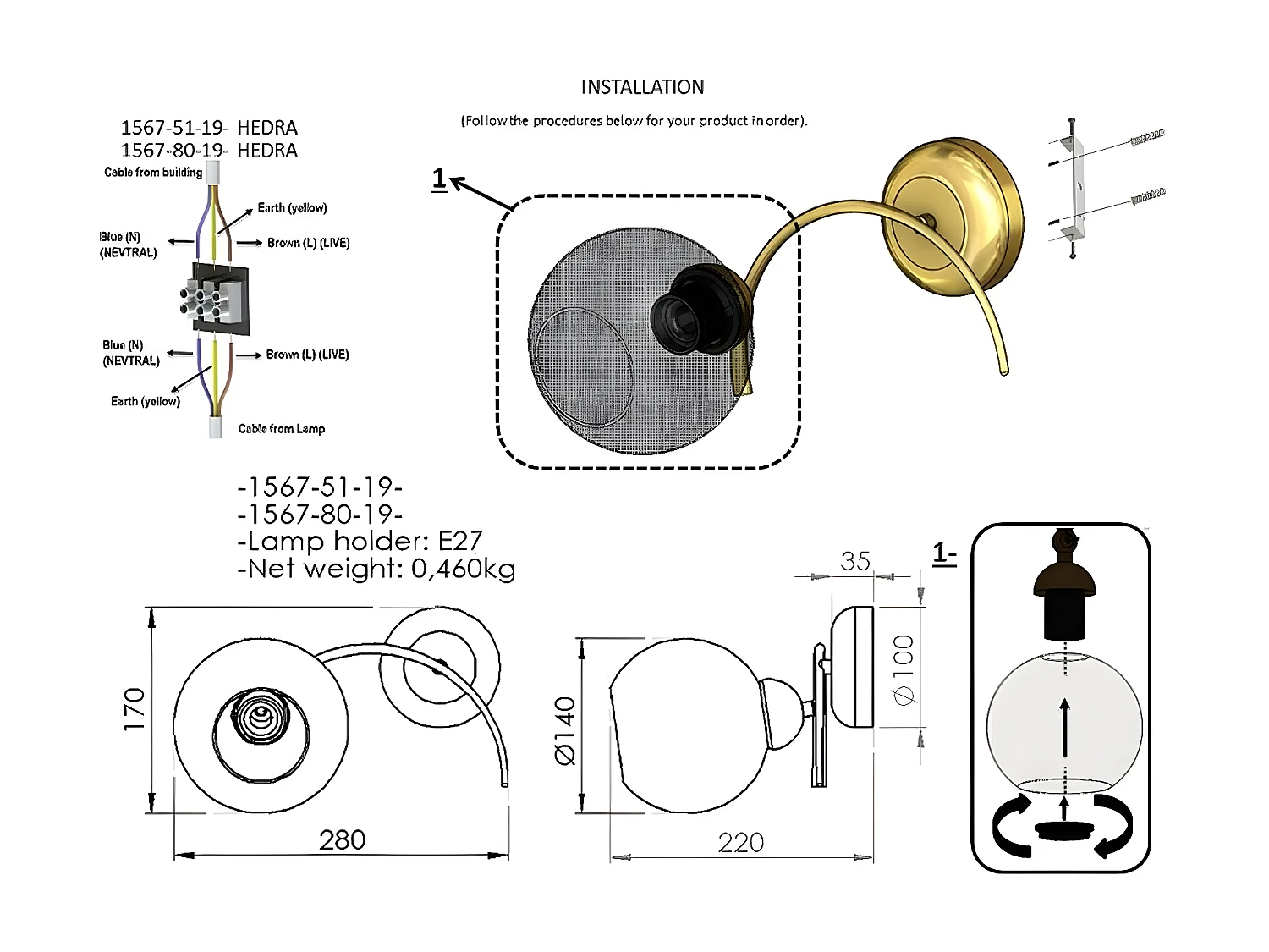 Applique Cesena, Or, 22x28x17 cm, EPIKASA