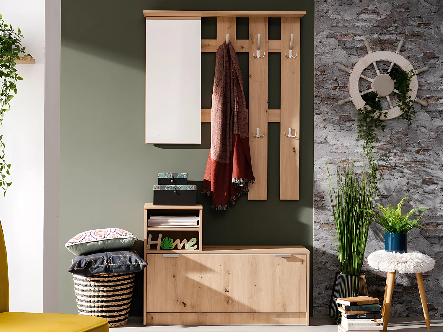 Vestiaire PENINA - 1 porte, 2 niches et 1 miroir - Coloris : Chêne