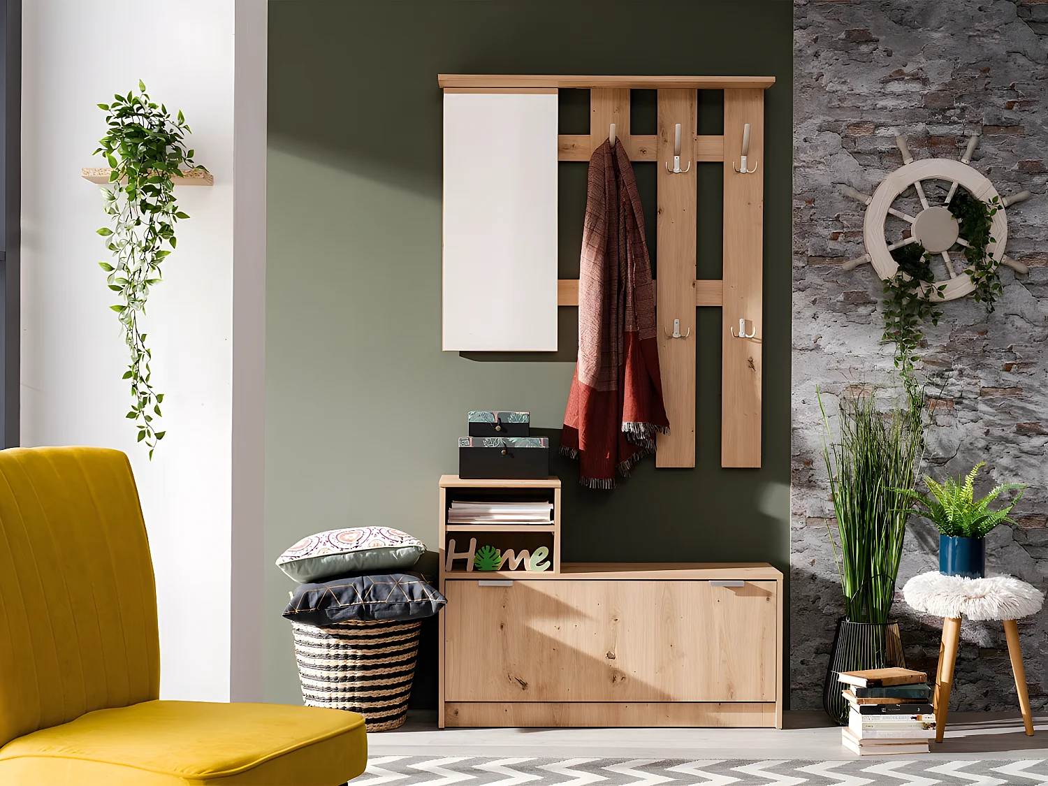 Vestiaire PENINA - 1 porte, 2 niches et 1 miroir - Coloris : Chêne