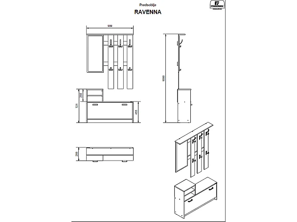Vestiaire PENINA - 1 porte, 2 niches et 1 miroir - Coloris : Chêne