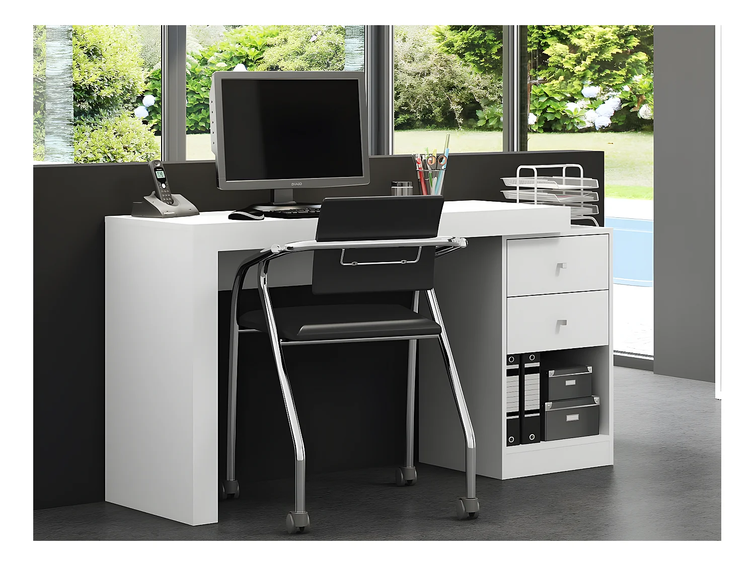 Scrivania angolare con 2 cassetti e 2 ante Bianca - EVAN