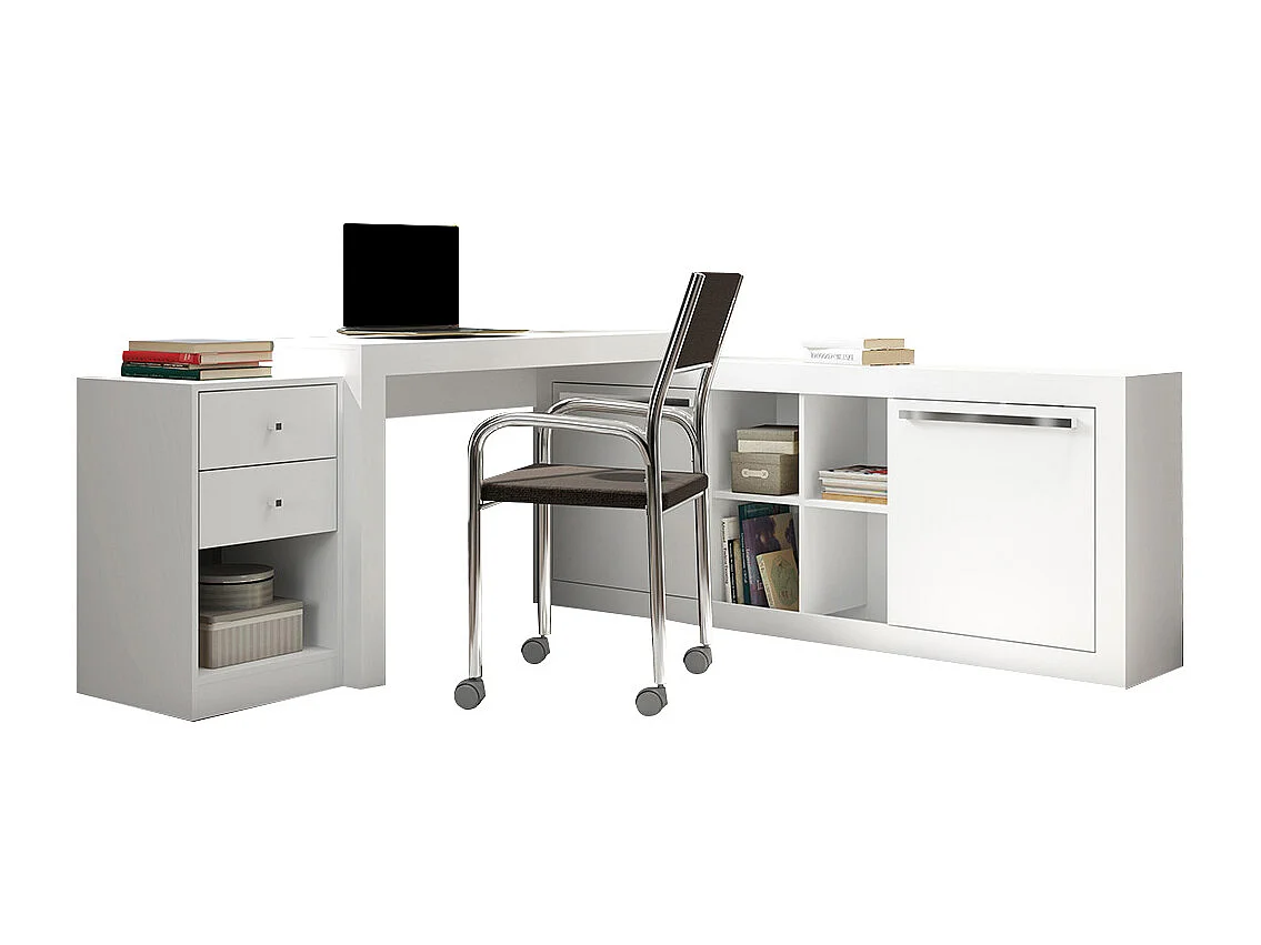Bureau d'angle - 2 tiroirs et 2 portes - Coloris : Blanc - EVAN