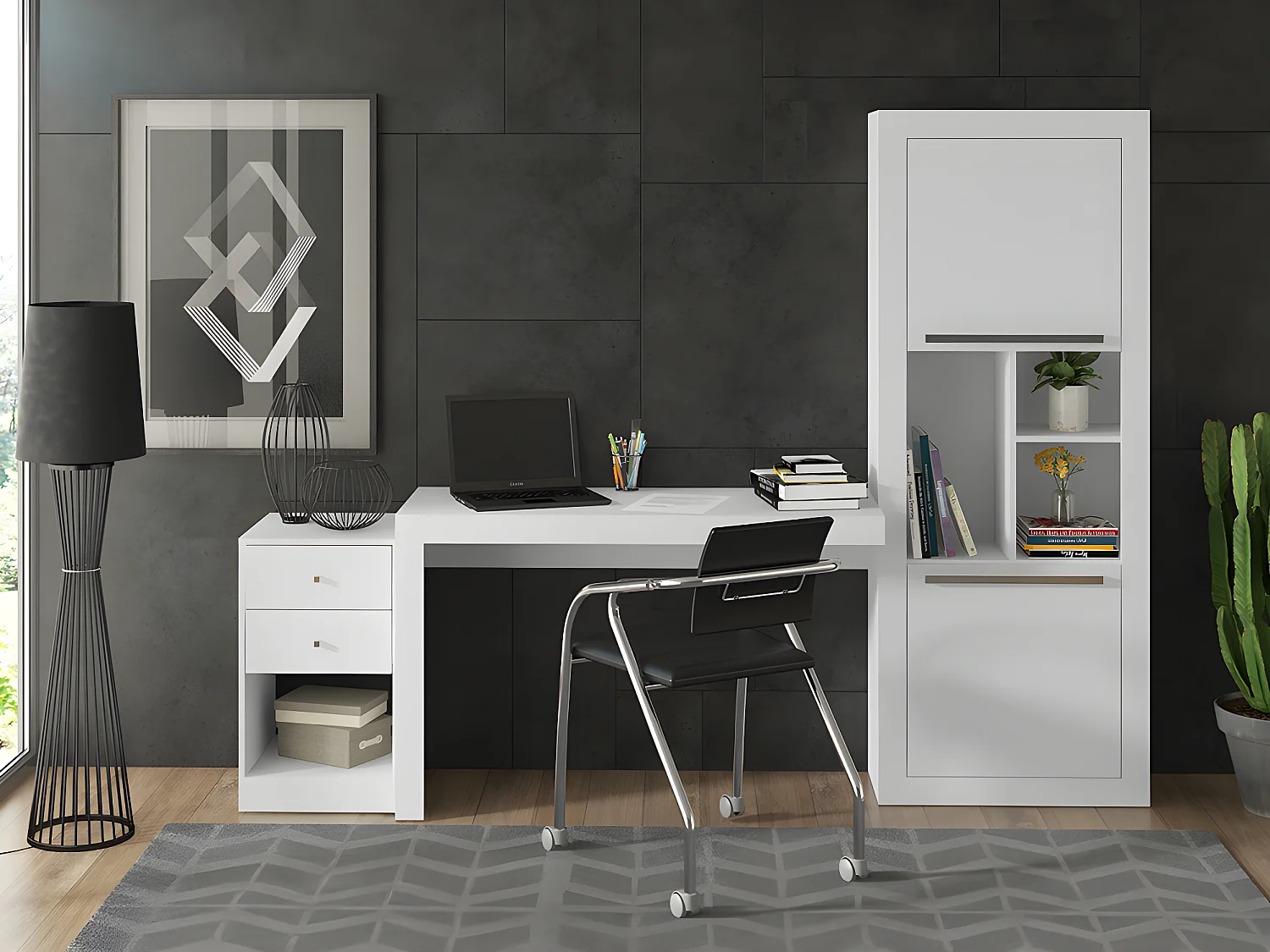 Bureau d'angle - 2 tiroirs et 2 portes - Coloris : Blanc - EVAN
