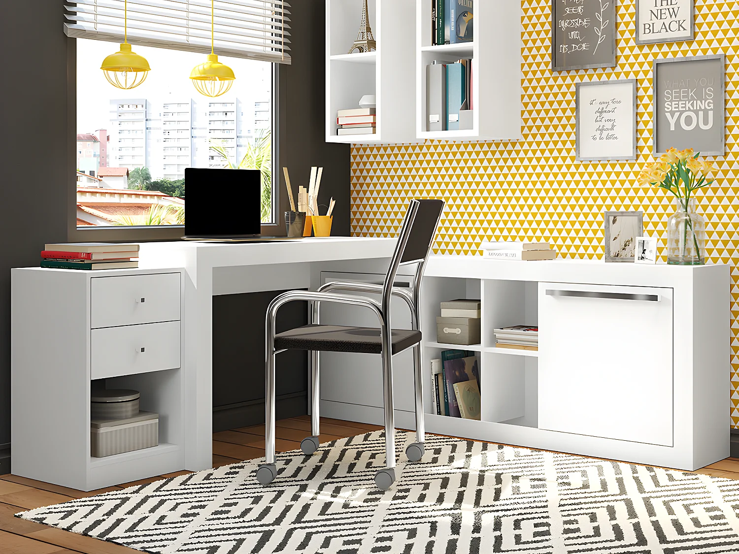 Bureau d'angle - 2 tiroirs et 2 portes - Coloris : Blanc - EVAN