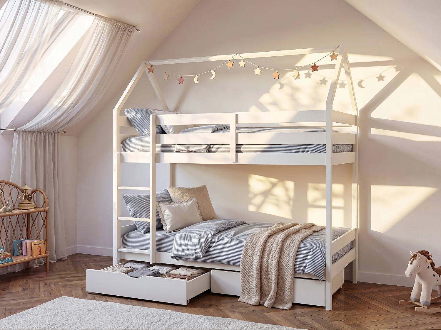 Stapelbed  2 x 90 x 190 cm - 2 laden - Grenen - Wit - CHORI