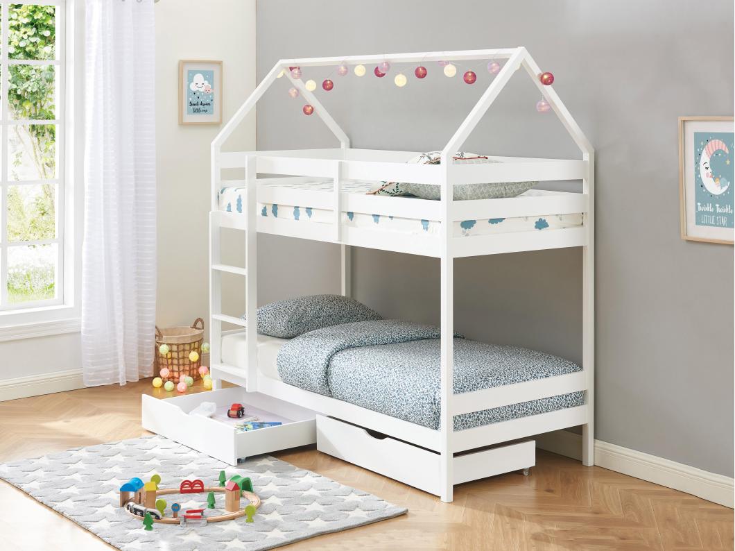 Lits superposés cabane 2 x 90 x 190 cm - 2 tiroirs - Pin - Blanc - CHORI