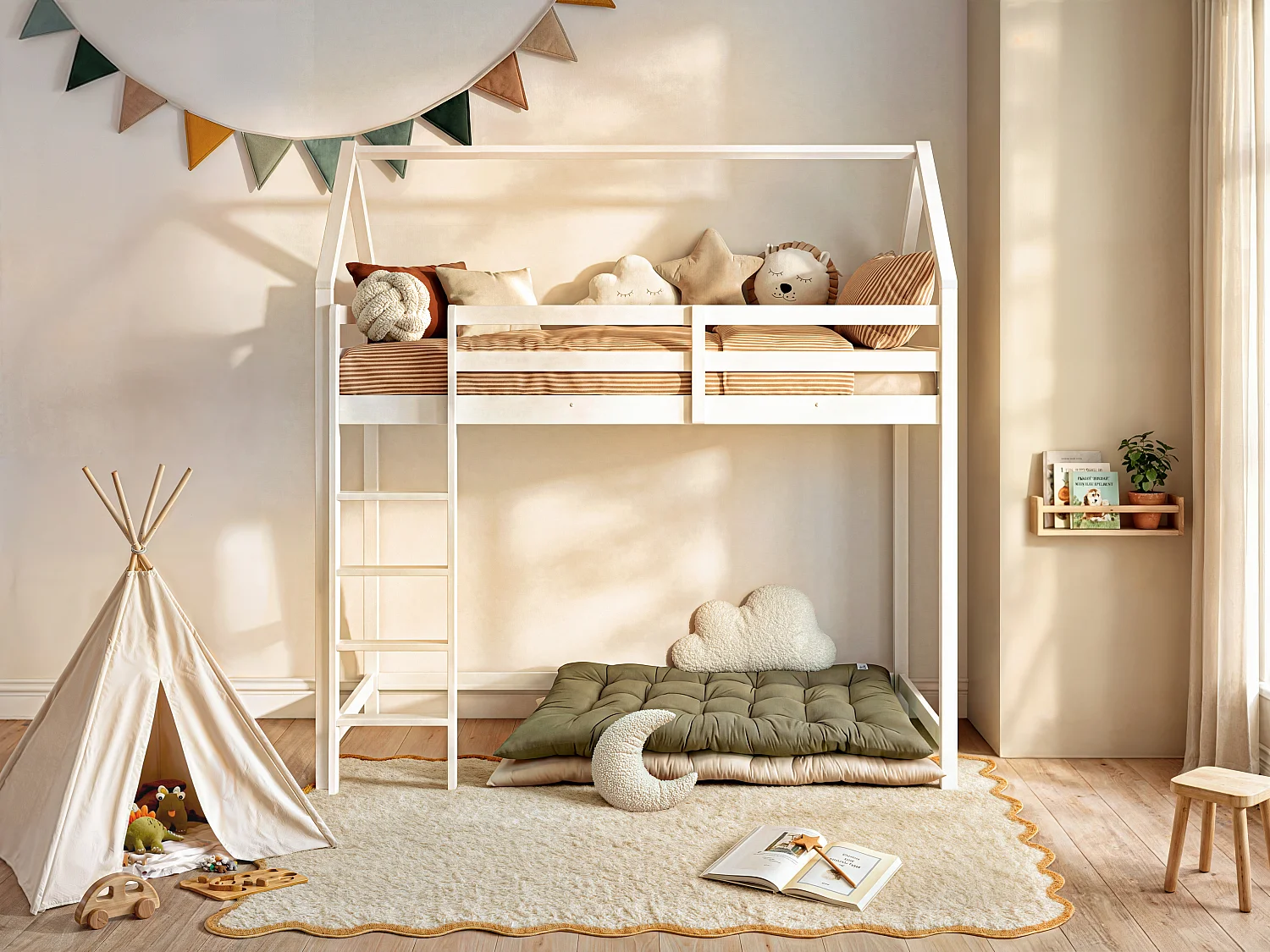 Hut loft bed - 90 x 190 cm - Solid pine - White - TARZIA