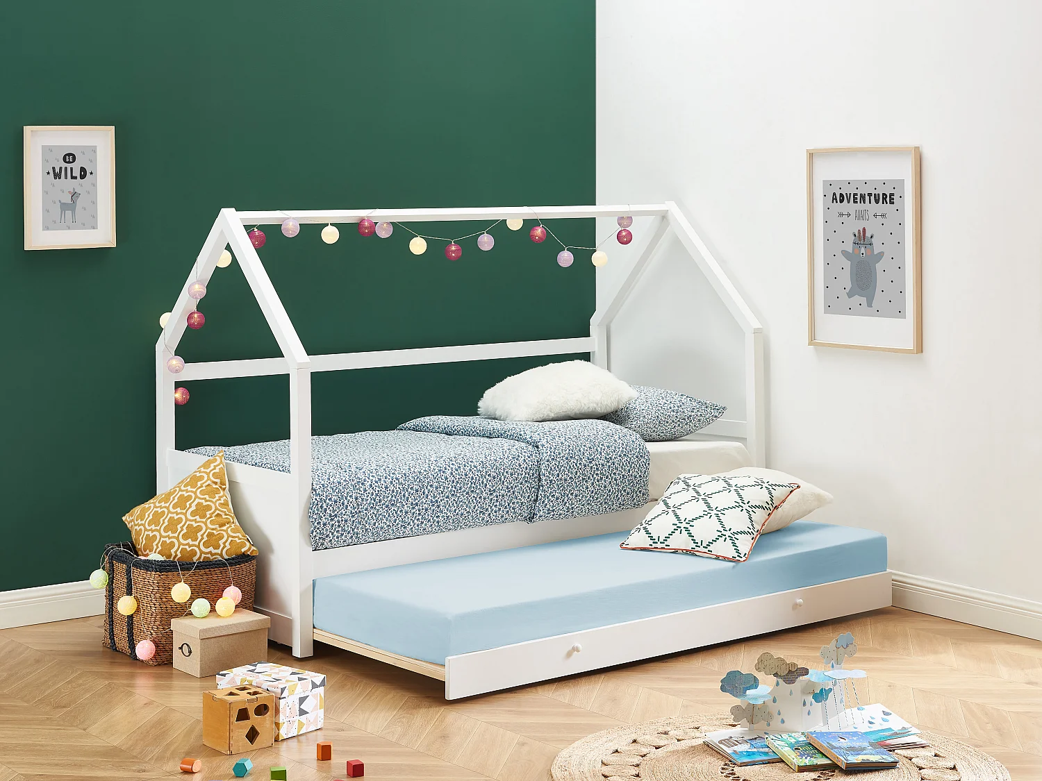 Cama nido cabaña 2 x 90 x 190 cm - Pino - Blanco - HURRA