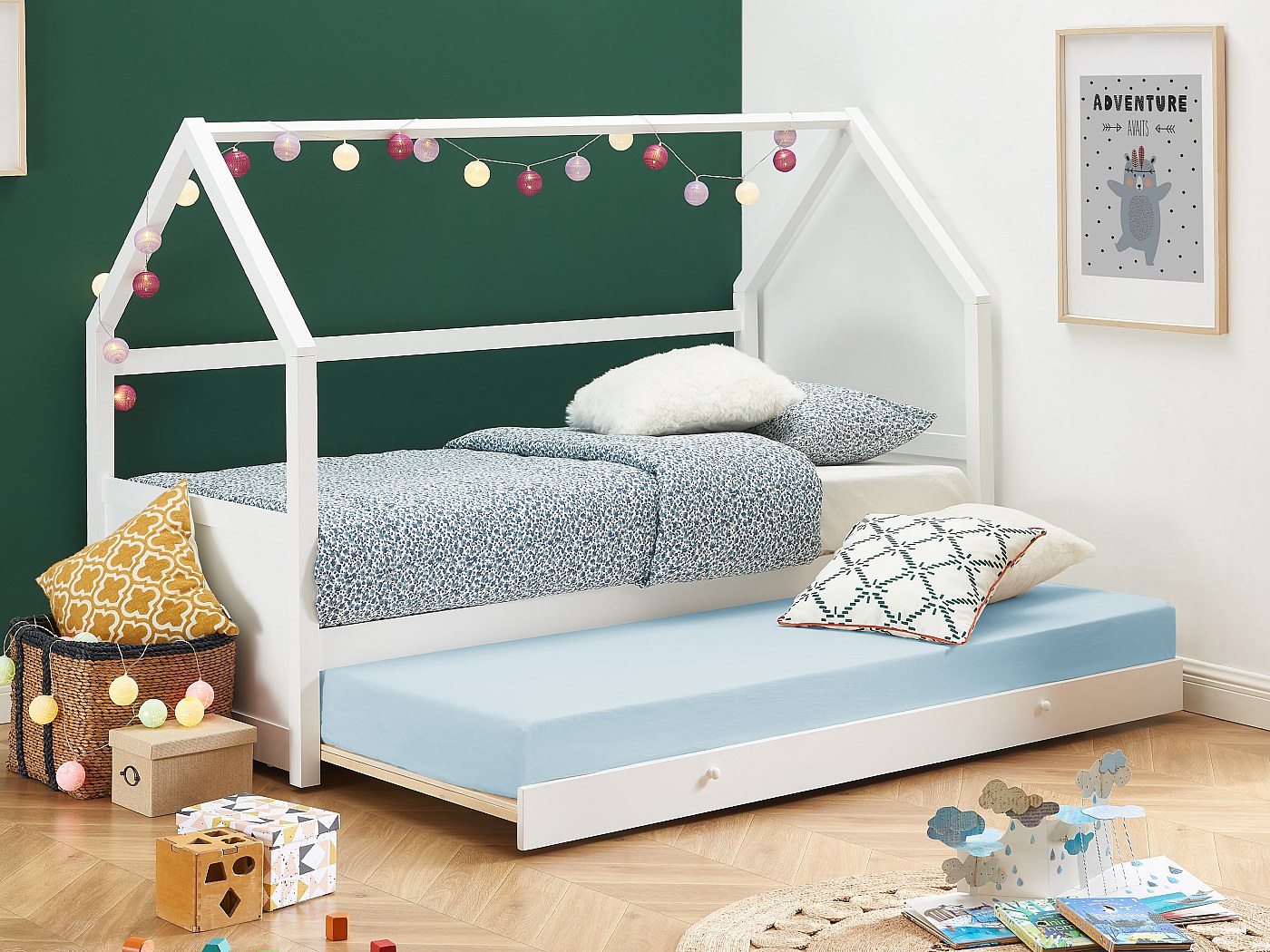 Letto 120 X 190 Cm Con Contenitori Bianco E Naturale + Rete A Doghe Materasso Kinselia