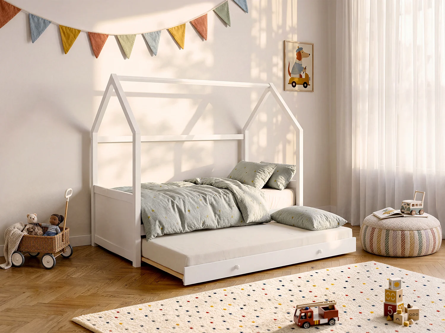 Hussäng med utdragbar extrasäng 2 x 90 x 190 cm - Furu - Vit - HURRA