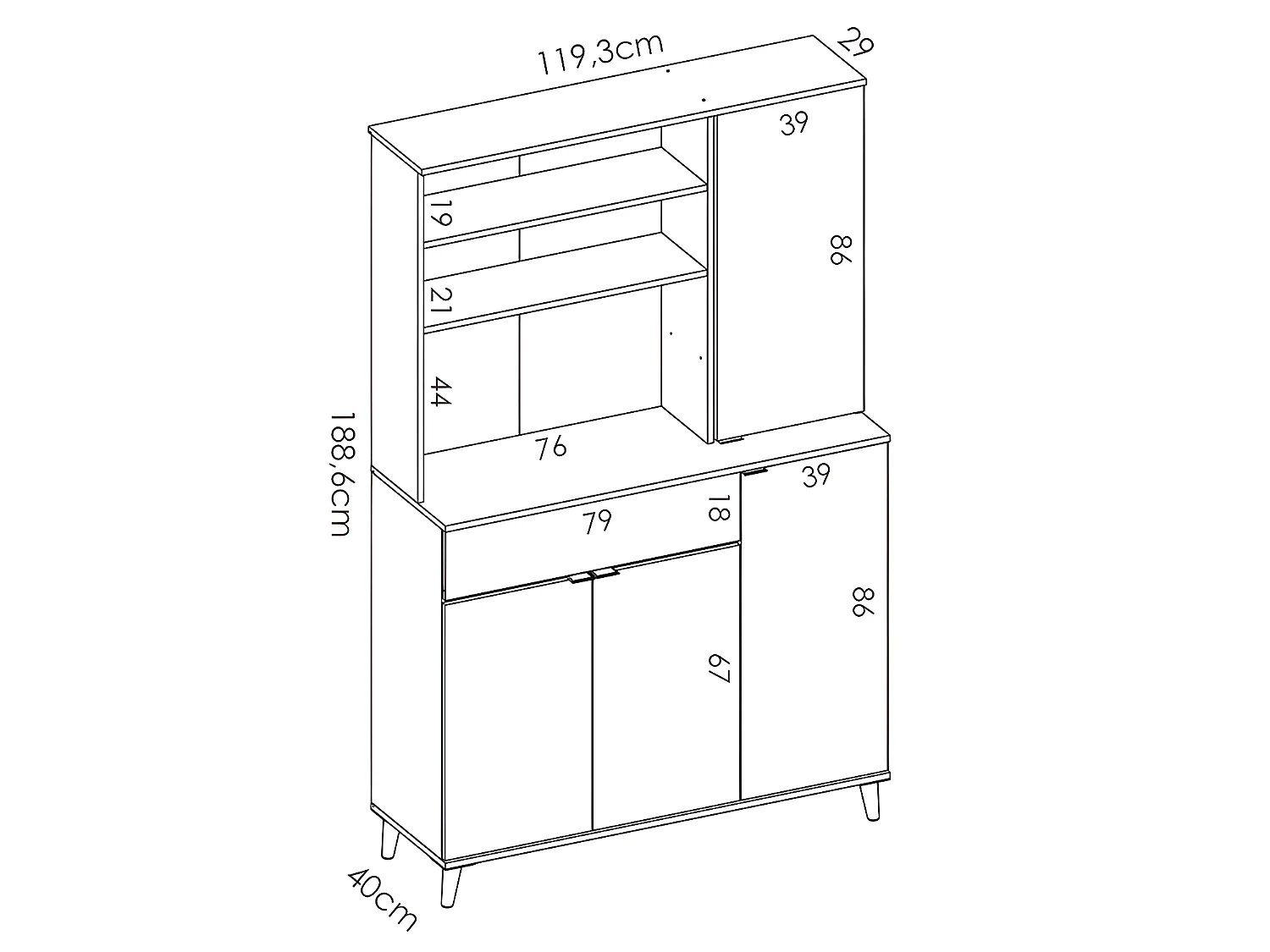 Keukenbuffet WAJDI - 4 deuren, 1 lade en 3 nissen - Wit en eiken