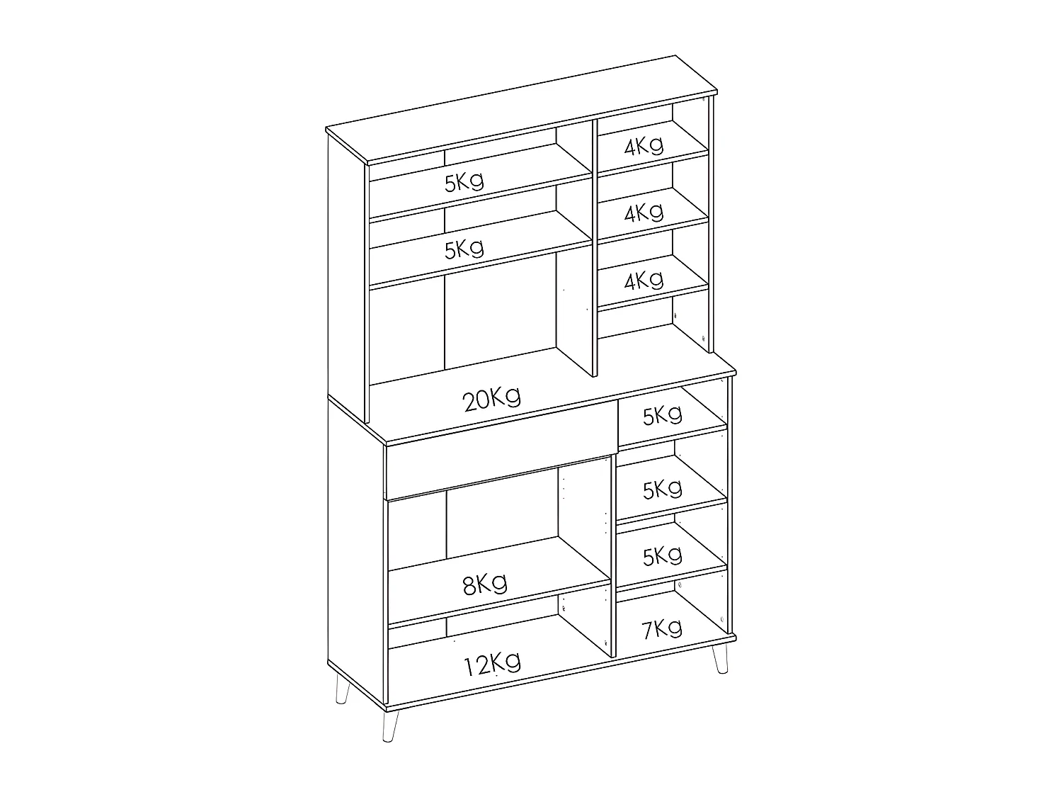 Bufet kuchenny WAJDI – 4-drzwiowy z 1 szufladą i 3 wnękami – kolor biały i dębowy