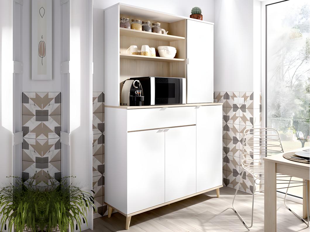 Credenza per cucina 4 ante, 1 cassetto e 3 nicchie Bianco e Rovere - WAJDI