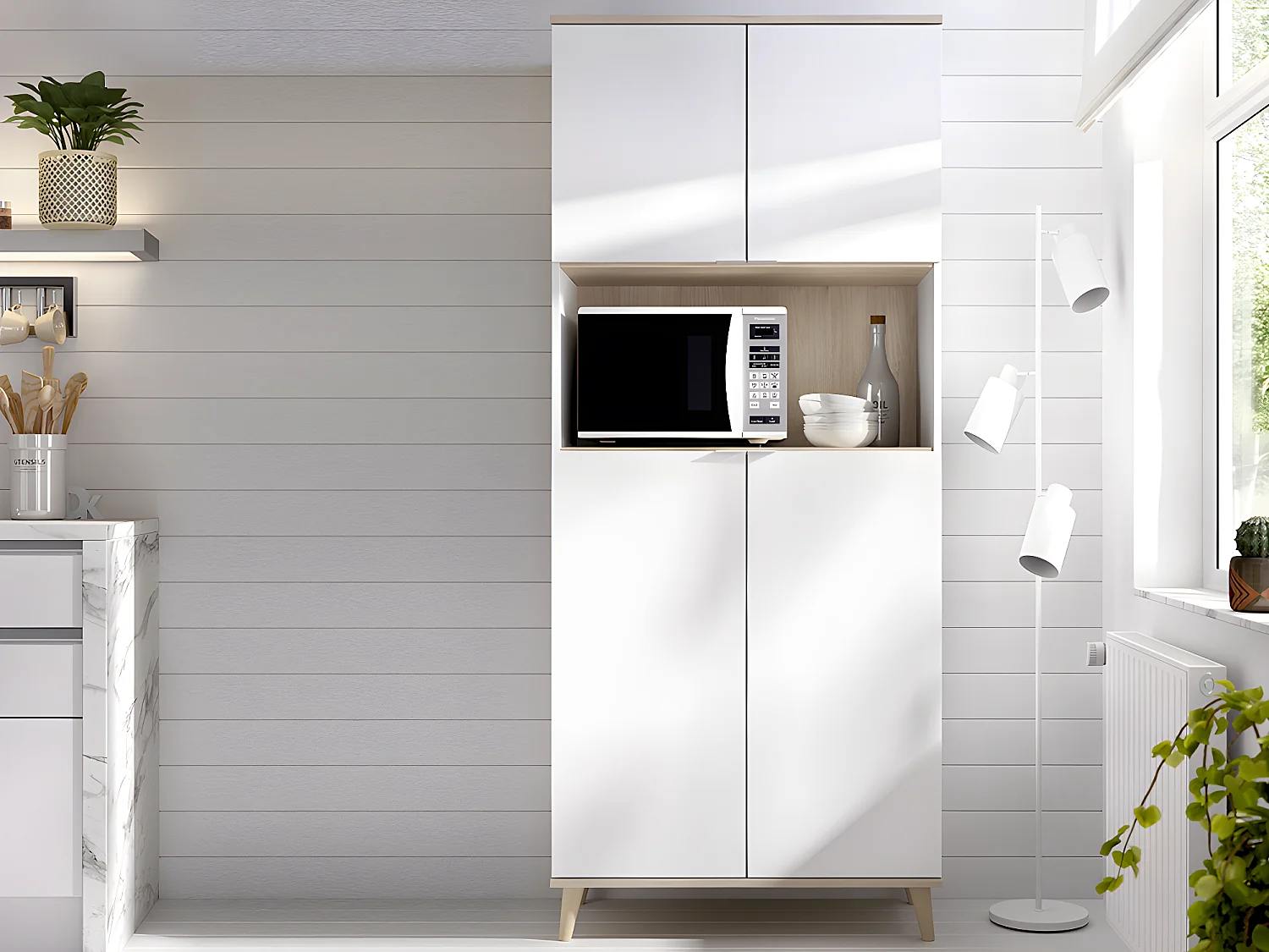 Buffet de cuisine WAJDI - 4 portes et 1 niche - Blanc et chêne