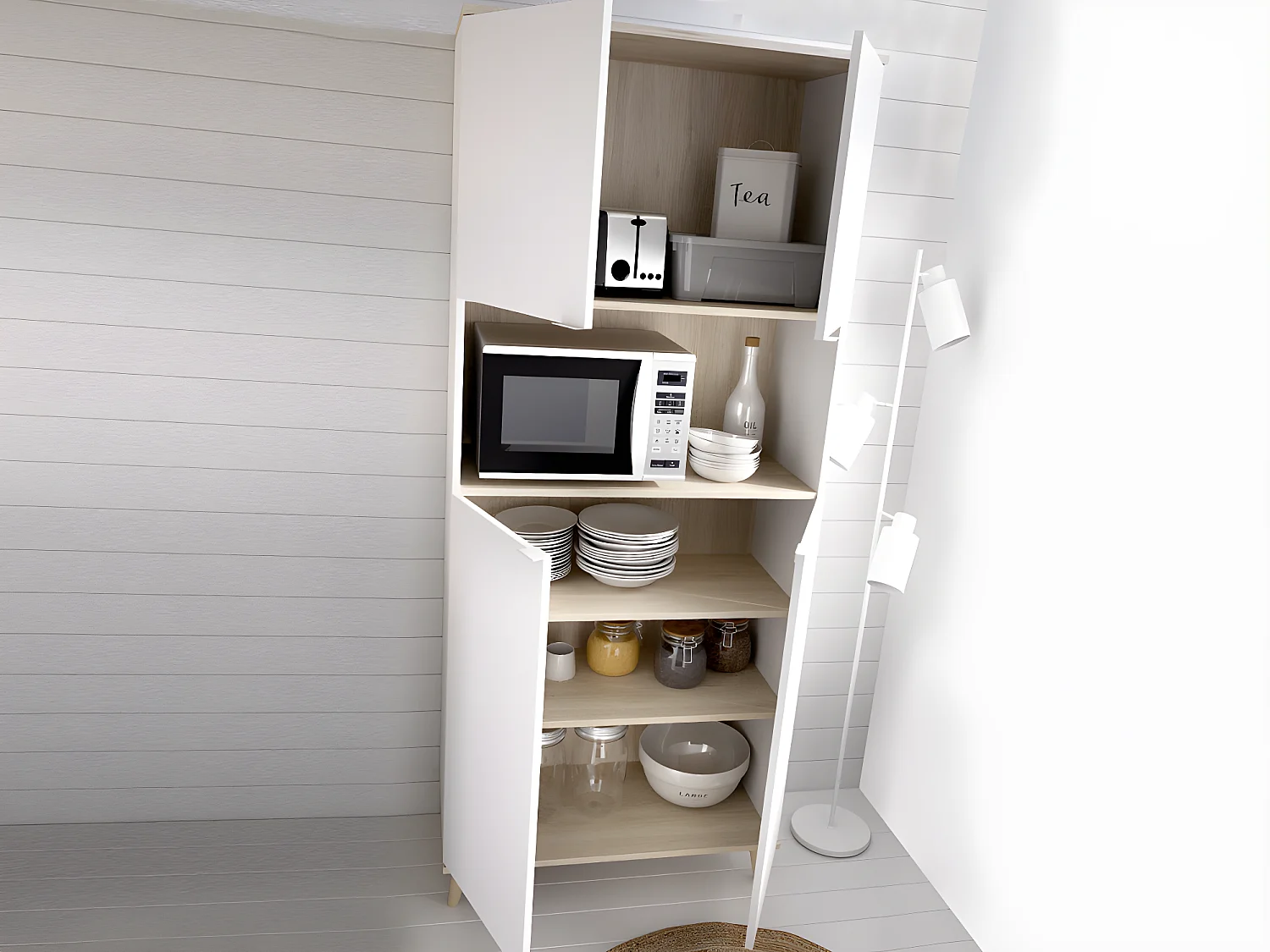 Buffet de cuisine WAJDI - 4 portes et 1 niche - Blanc et chêne