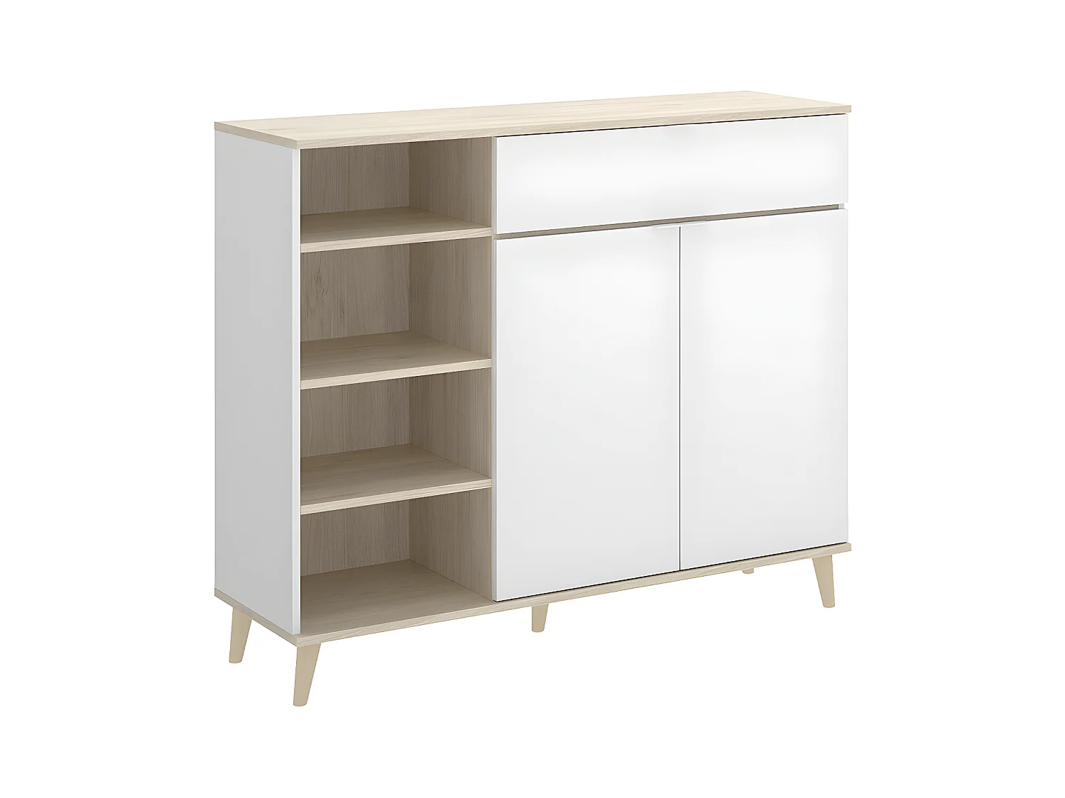 Aparador de cocina WAJDI - 2 puertas, 1 cajón y 4 estantes - Blanco y roble