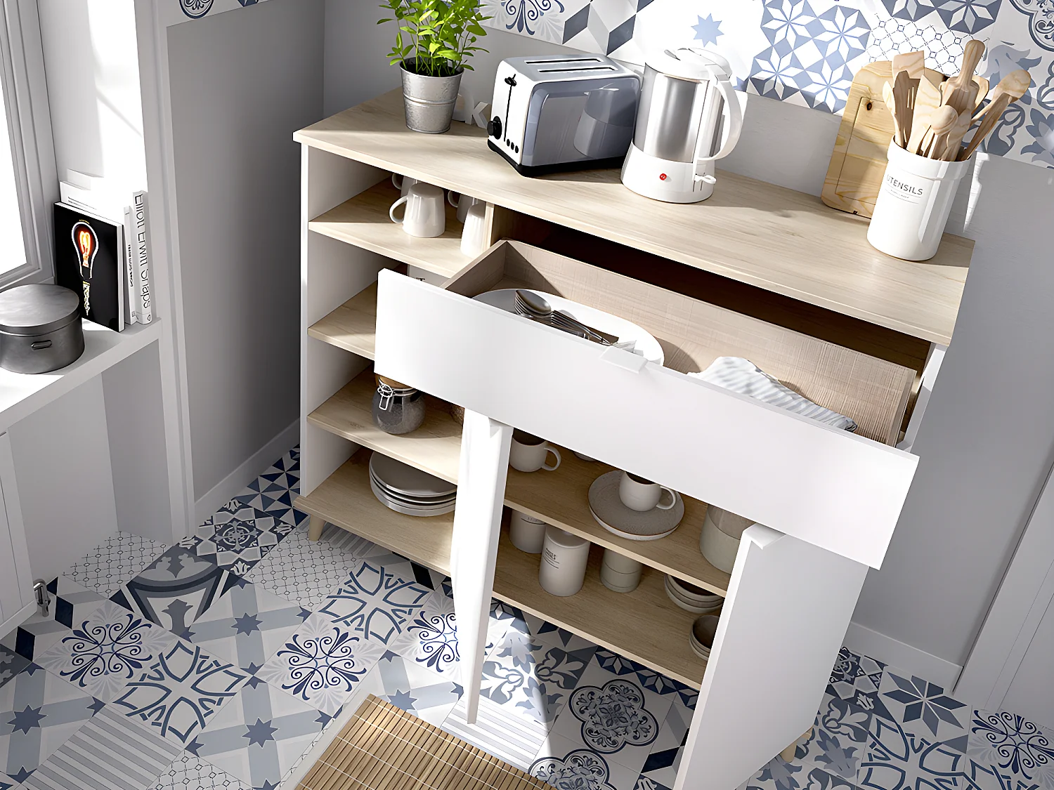 Aparador de cocina WAJDI - 2 puertas, 1 cajón y 4 estantes - Blanco y roble