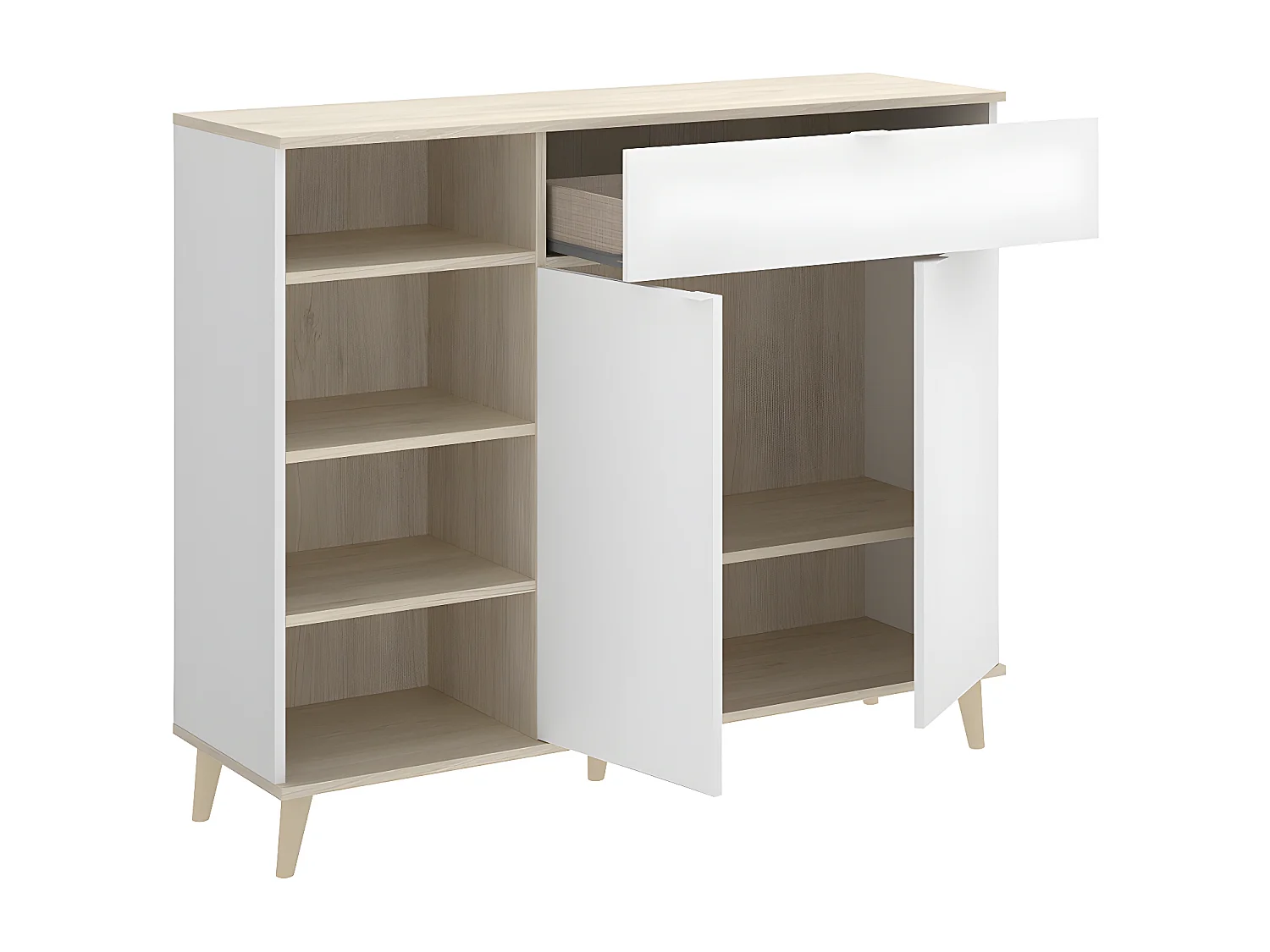 Keukenbuffet WAJDI - 2 deuren, 1 lade en 4 nissen - Wit en eiken