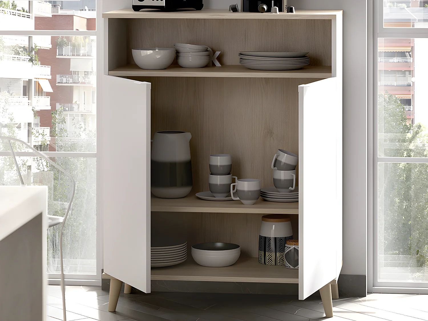 Buffet de cuisine WAJDI - 2 portes et 1 niche - Blanc et chêne