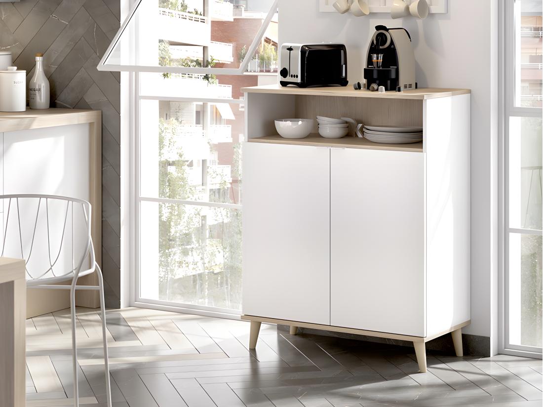 vente unique Buffet de cuisine WAJDI - 2 portes et 1 niche - Blanc et chêne