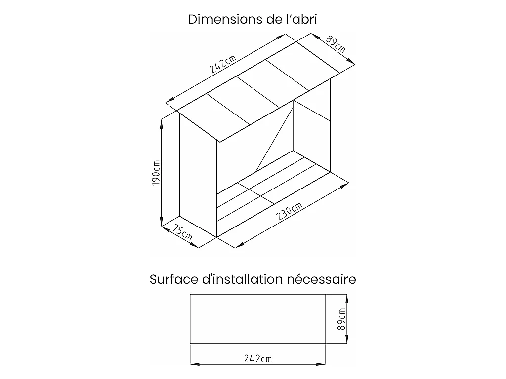 Abri bûches métal en acier galvanisé effet bois 3,27 m3 - 4 stères - L242 x P89 x H190 cm - WINWOOD