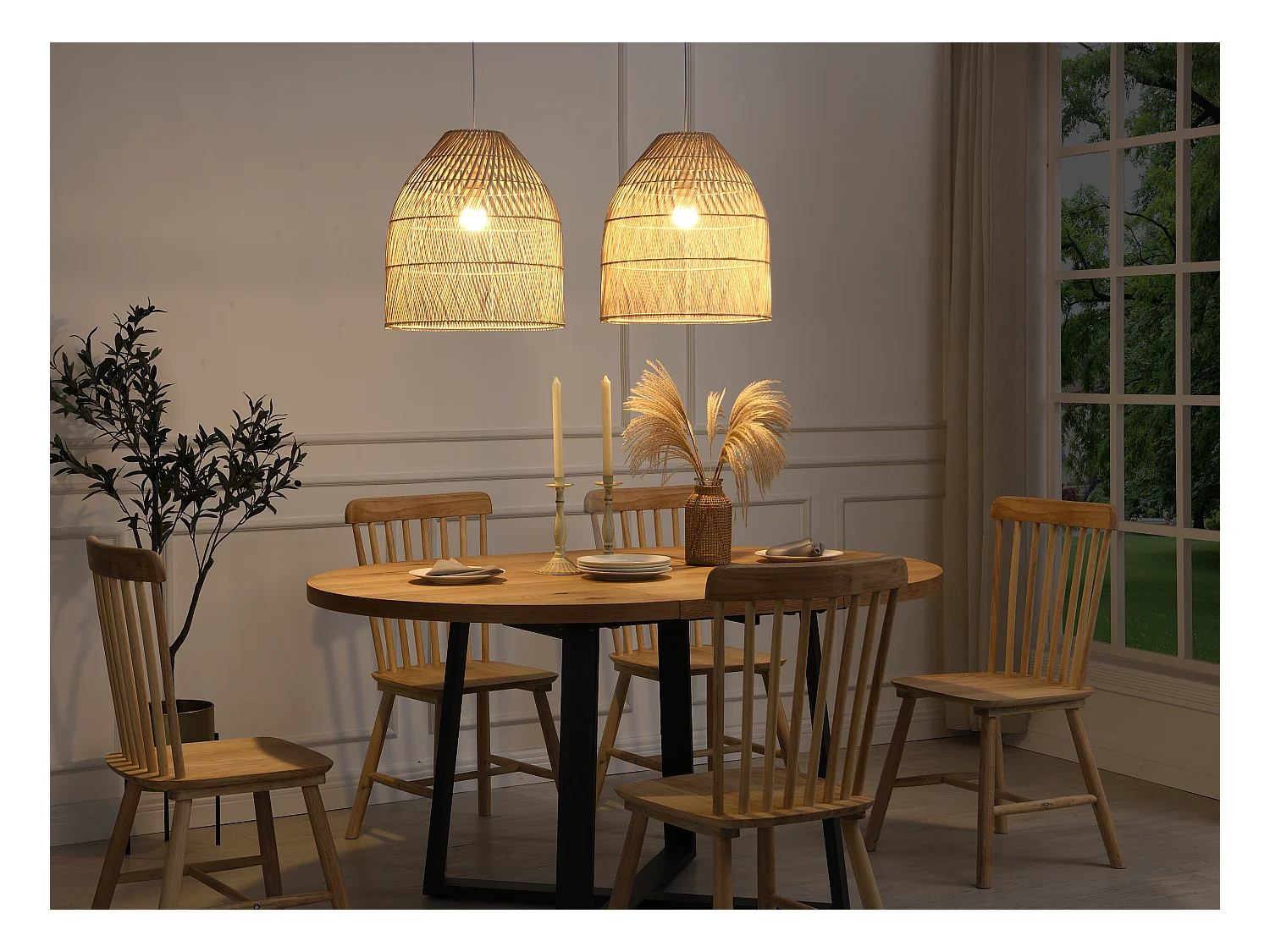 Suspension en métal et rotin style ethnique - D. 40 x H. 120 cm - Naturel - PARNAIBA