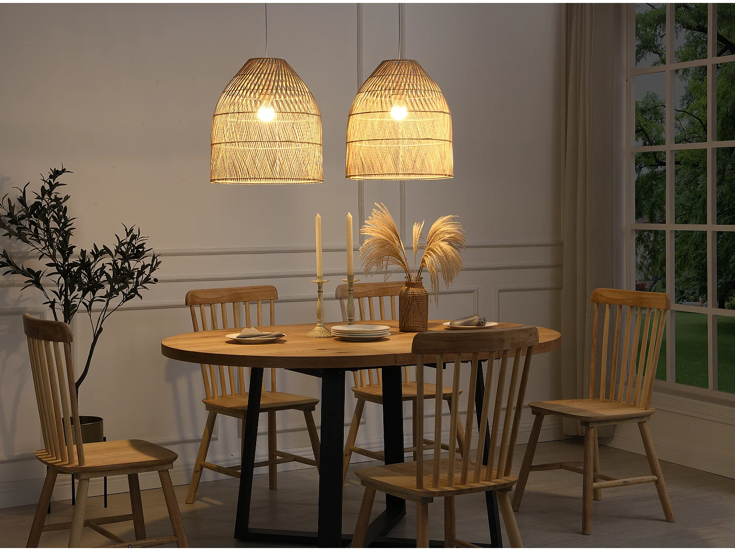 Suspension en métal et rotin style ethnique - D. 40 x H. 120 cm - Naturel - PARNAIBA