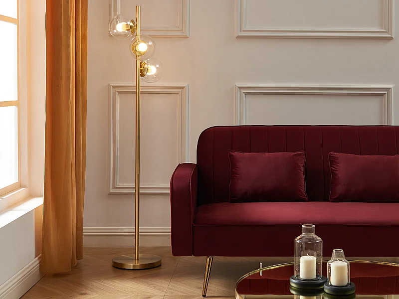 Lampa ze szczotkowanego mosiądzu z 3 kloszami ze szkła w stylu vintage – wys. 148 cm – YUKON