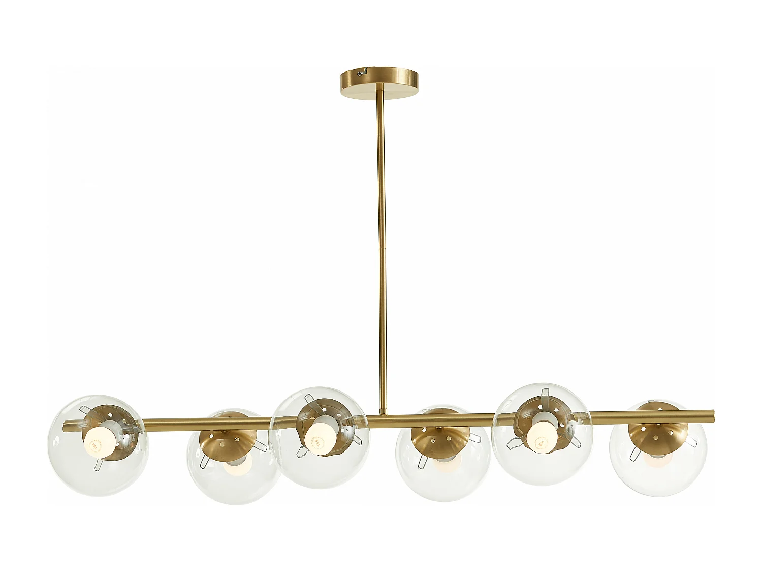 Lampadario L. 128 cm in Ottone spazzolato e 6 globi di Vetro - YUKON